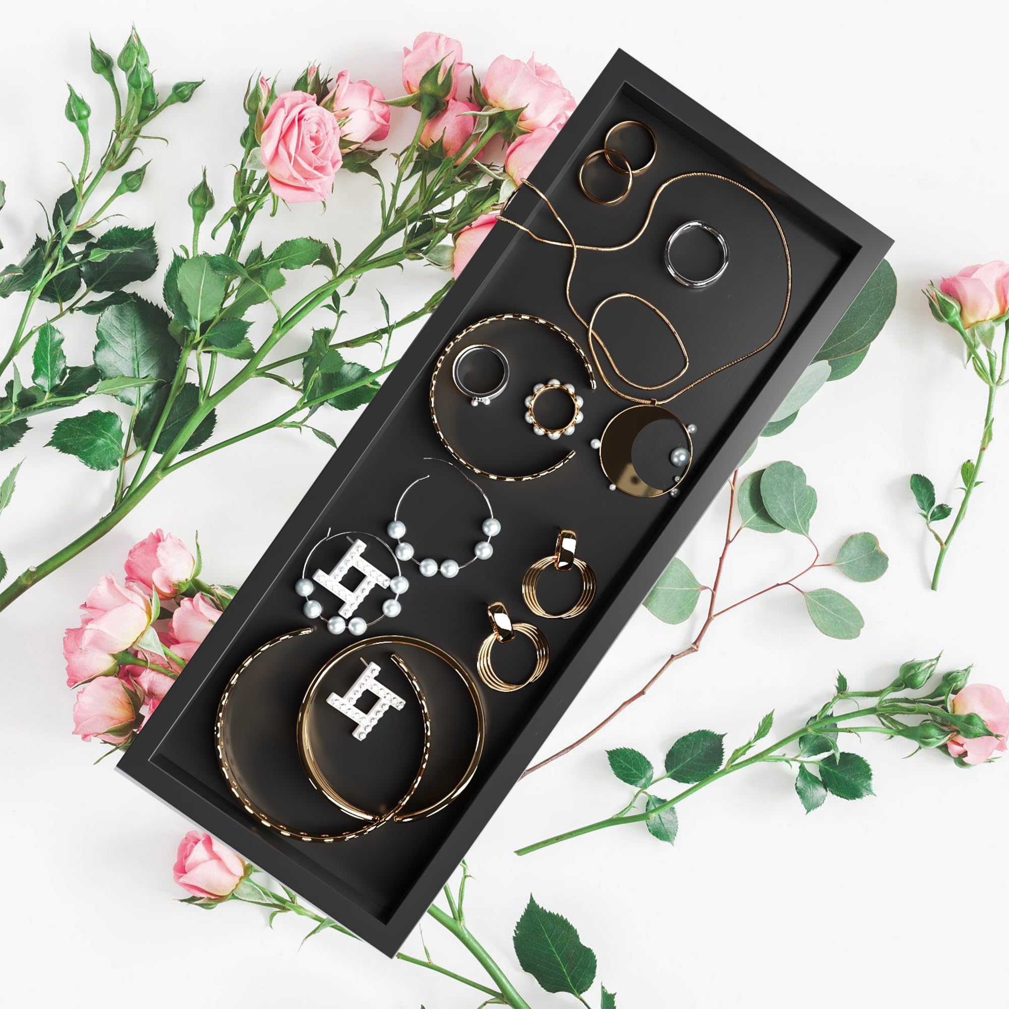 Bathroom Vanity Tray Black Decorative Tray For Counter, 11.2''X 4.3'' Small Wood Sink Soap Tray Holder For Kitchen, Dresser Coun