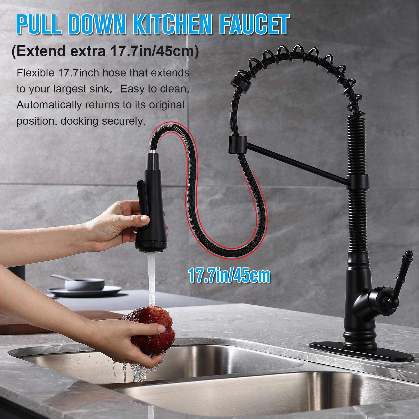 Single Level Kitchen Sink Faucet With Pull Down Sprayer, Single Handle Pull Out Kitchen Faucet, Matte Black