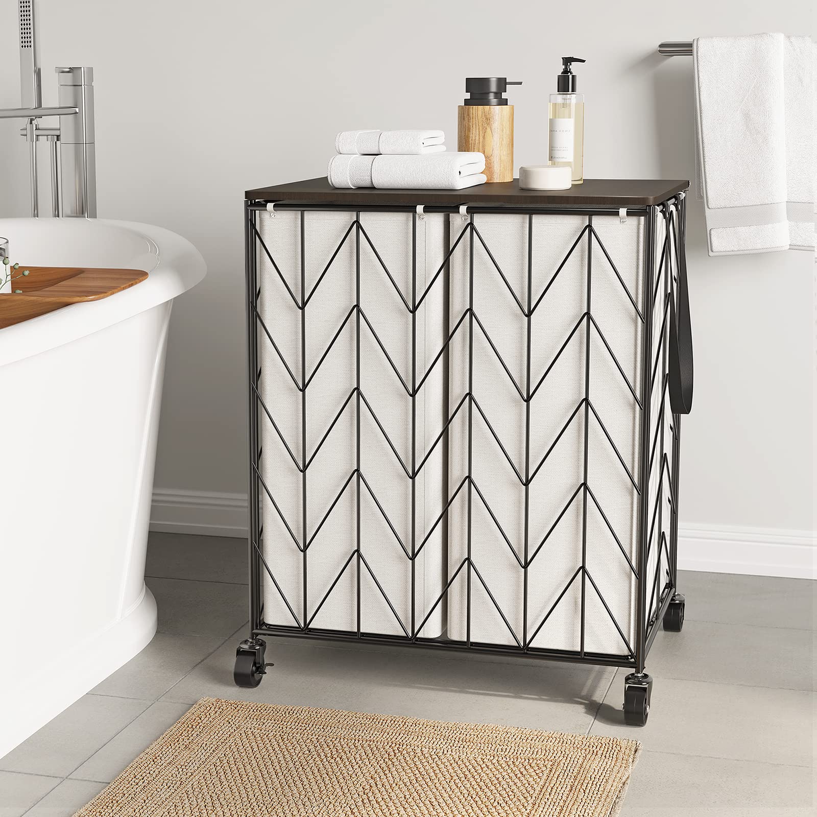 WOWLIVE Laundry Basket with Wheels  Heavy Duty Laundry Hamper with Wood Lid  Clothes Hamper with Divided Removable Liner Bag  Large Capacity Iron-Made Laundry Sorter Laundry Room Organization (Beige)