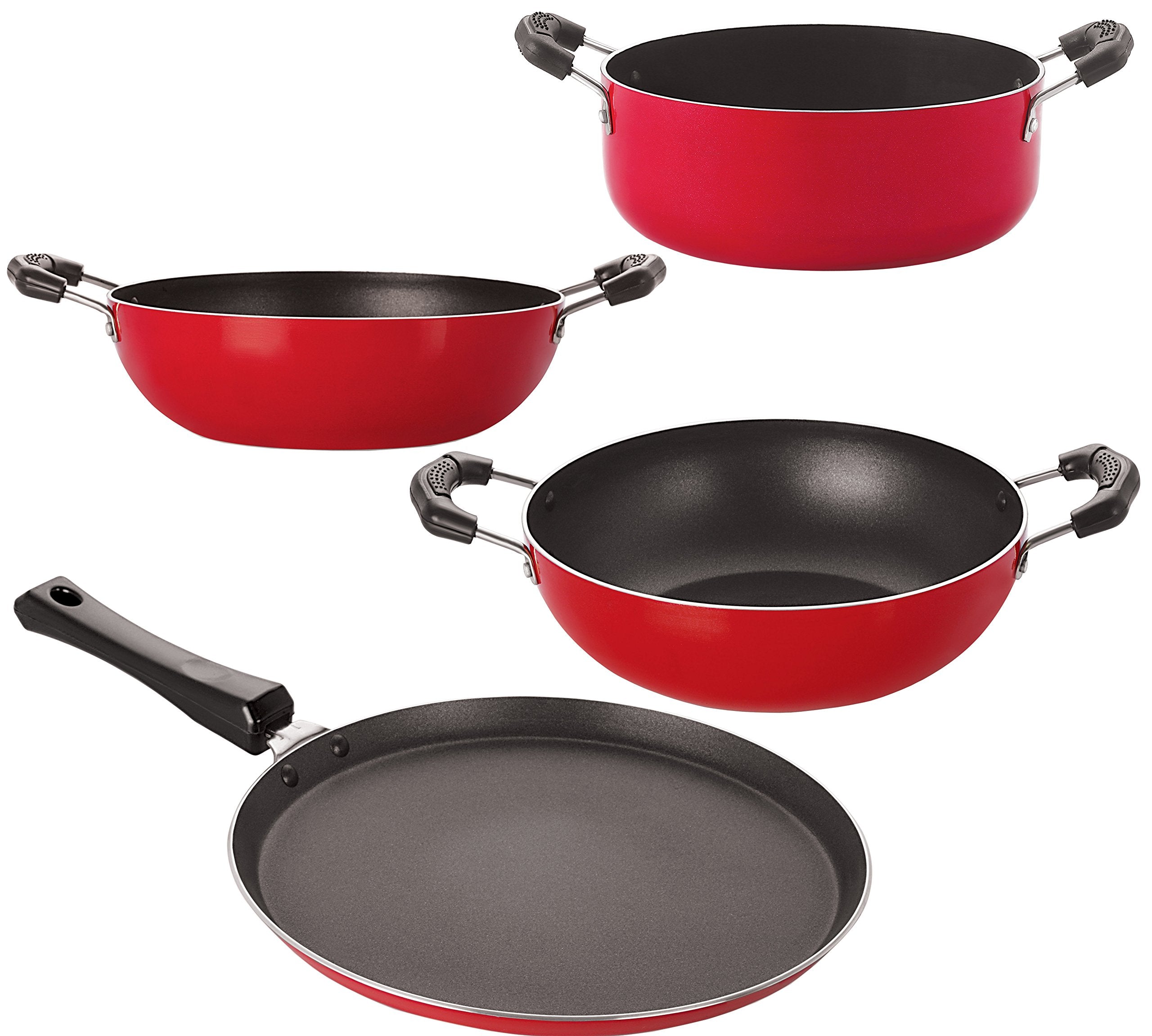 Nirlon NonStick Aluminum Cookware Set, 4Piece, Red And Black (2.6Mm_Ft11_Kd10_Kd11_Cass20)
