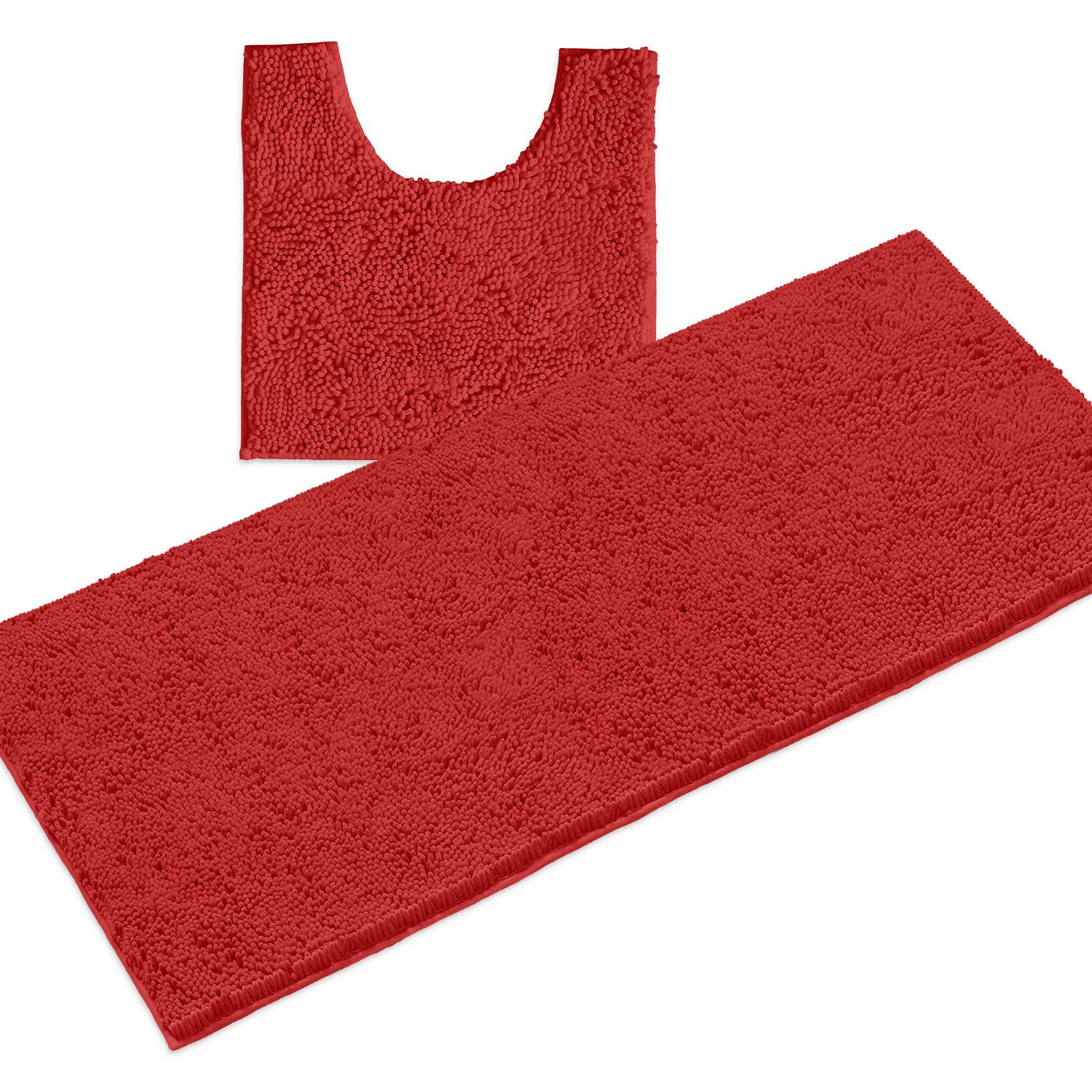 Red Christmas Decor Bathroom Rugs Sets 2 Piece, Luxury Chenille Bath Mat Runner Set, Soft Plush Anti-Slip Bath Rug + U-Shaped To