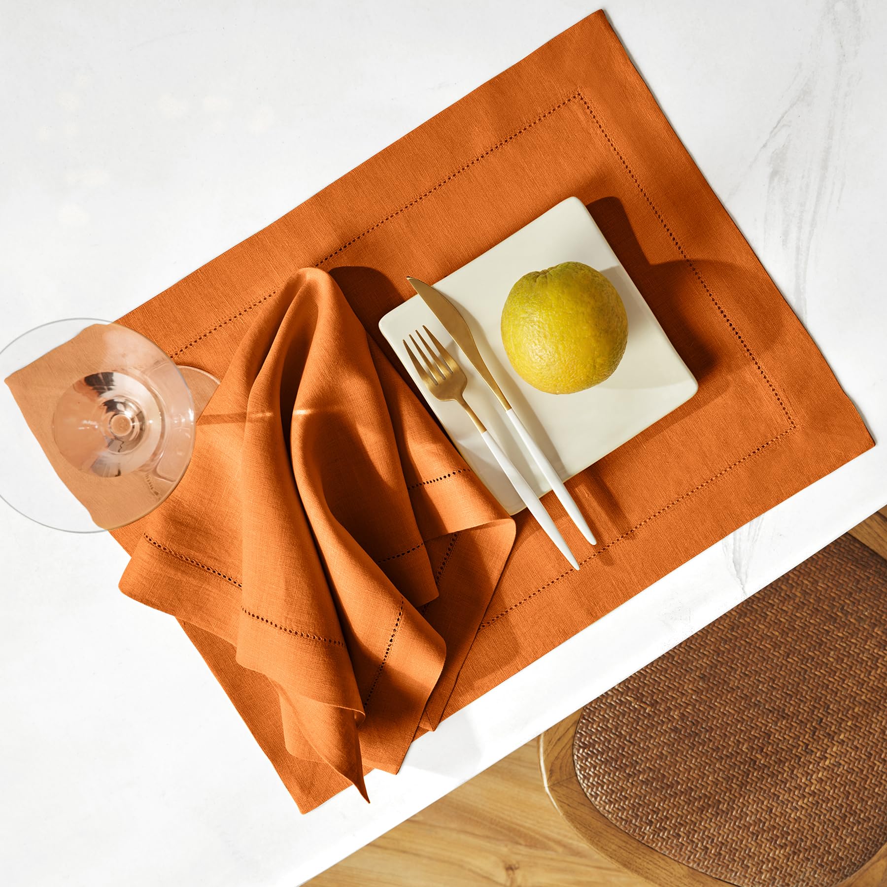 Solino Home Linen Placemats 19'' L X 14'' W Inch - 100% Pure Linen Prewashed Pumpkin Cloth Placemats Set Of 4 - Sonoma Hemstitch