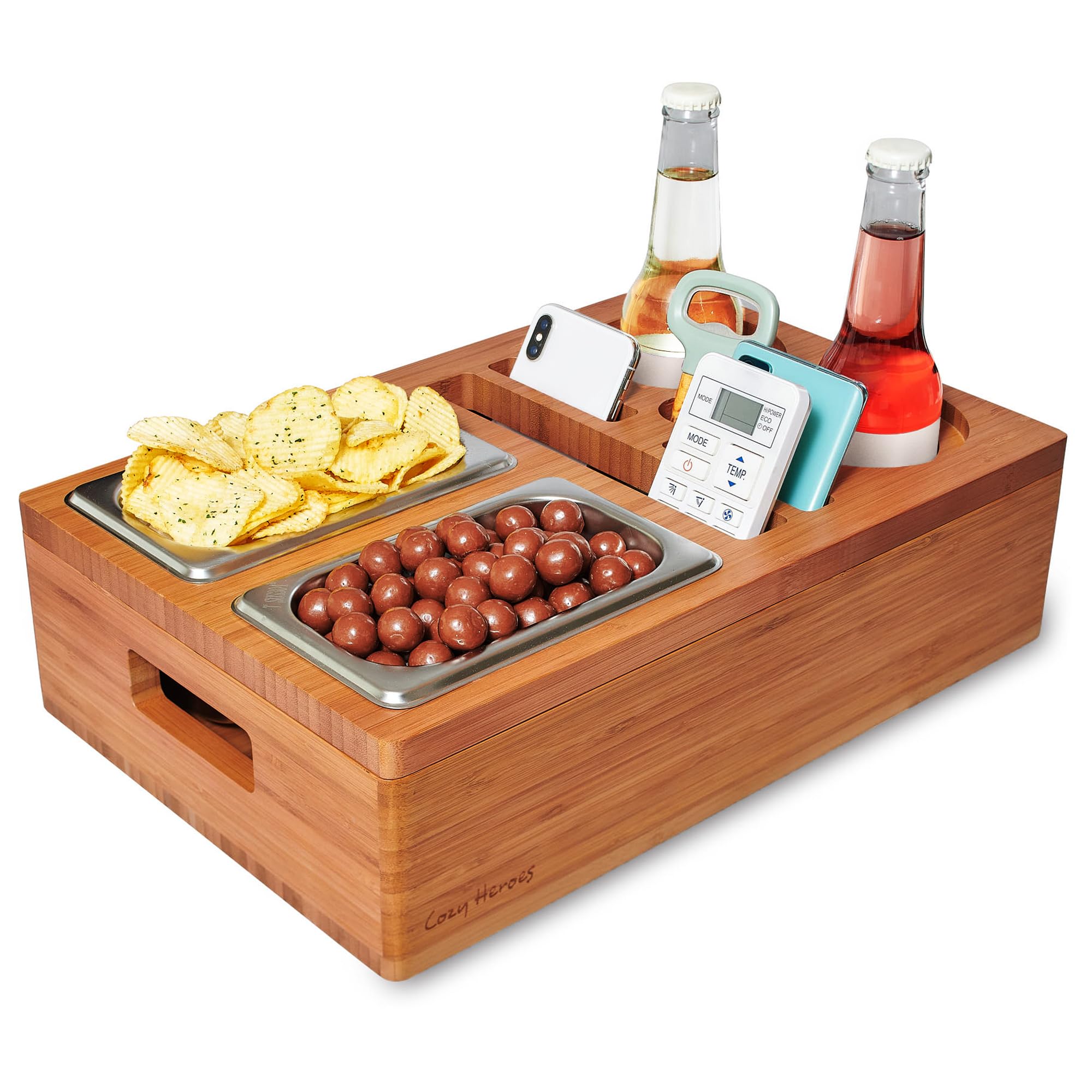 Cozy Heroes Bamboo Couch Console Caddy: Ultimate Couch Cup Holder Tray, Middle-Couch Organizer, Drink Holder With Removable Magn