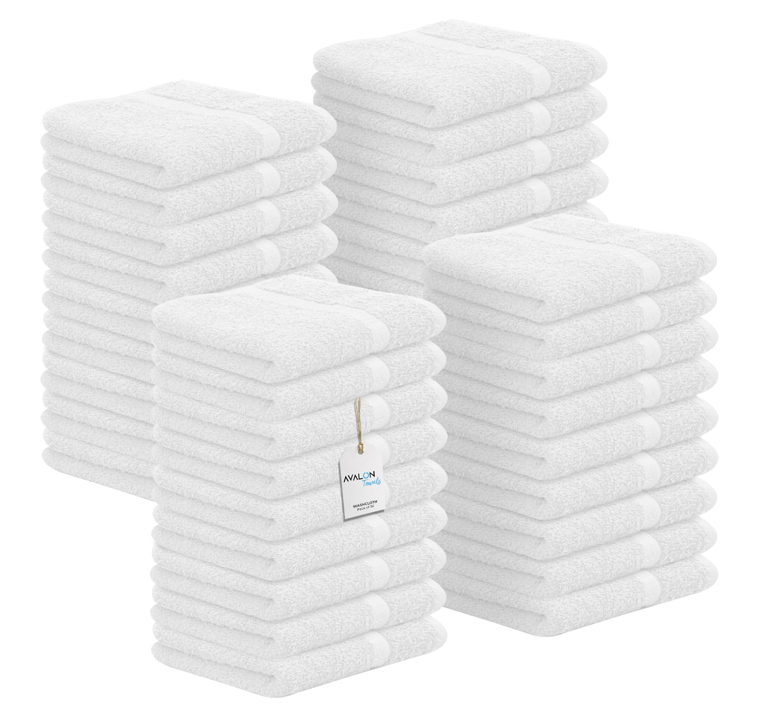 Avalon Towels Cotton Washcloths-(Value Pack of 36) Size 12x12 Inches  Premium Ring Spun Cotton  Absorbent  Soft Face Towels  Gym Towels  Hotel and Spa Quality  Reusable Fingertip Towels (White)