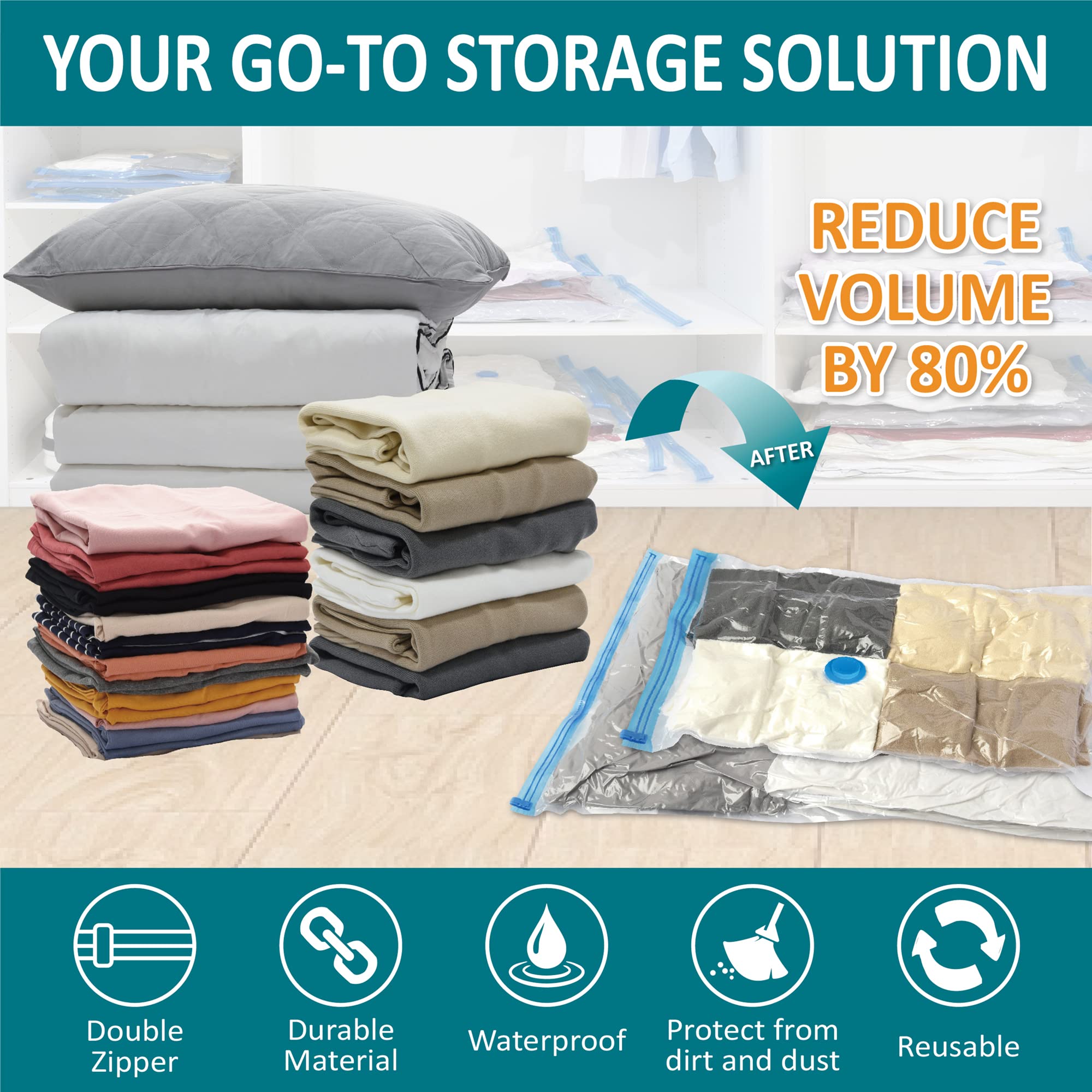 30 Pack Vacuum Storage Bags  Space Saver Bags (6 Jumbo/6 Large/6 Medium/6 Small/6 Roll) Compression Storage Bags for Comforters and Blankets  Vacuum Sealer Bags for Clothes Storage  Hand Pump Included