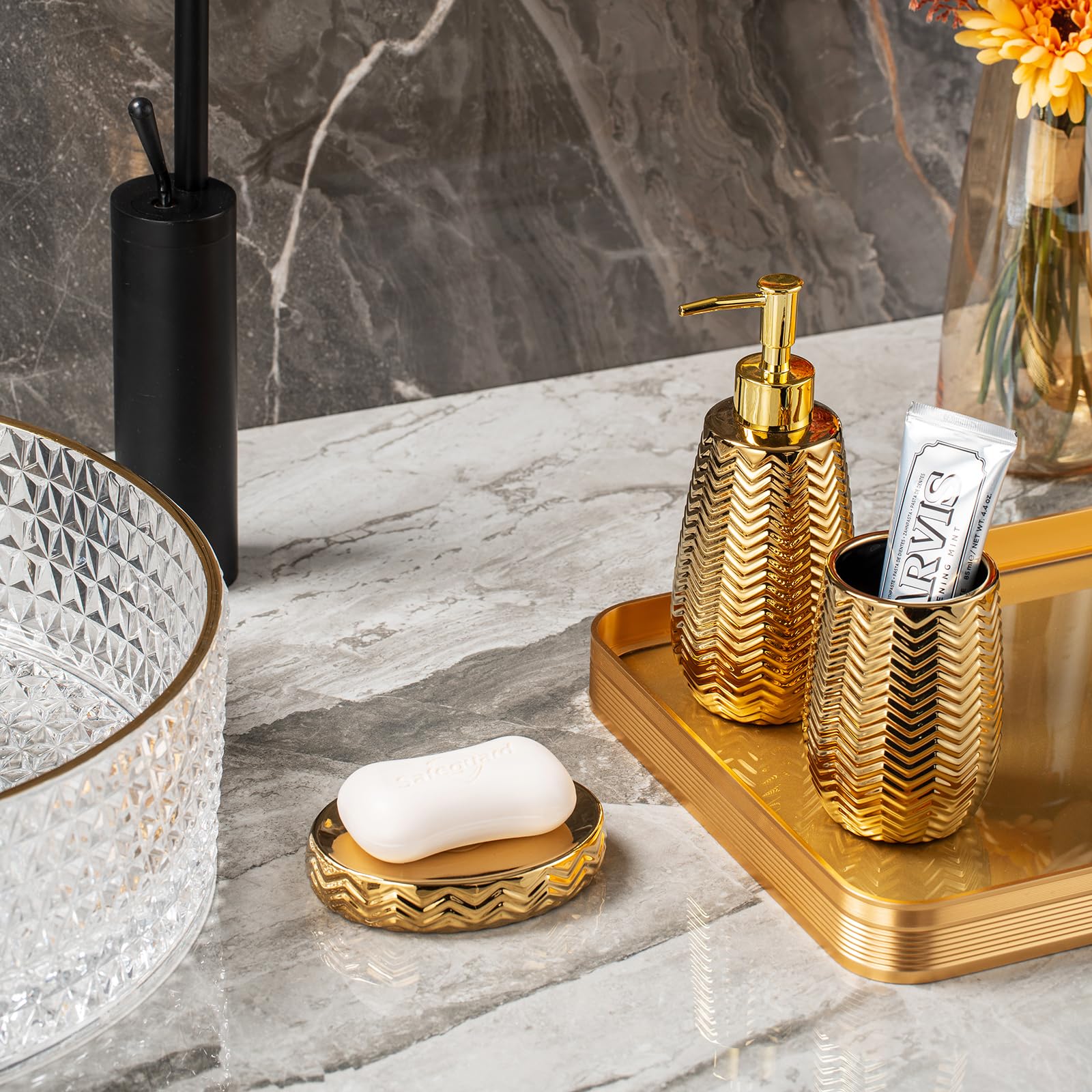 Gold Bathroom Accessories 3Pcs Stylish Bathroom Accessories Set Gold Soap Dispenser Pump, Tumbler And Soap Dish Modern Decor Wav