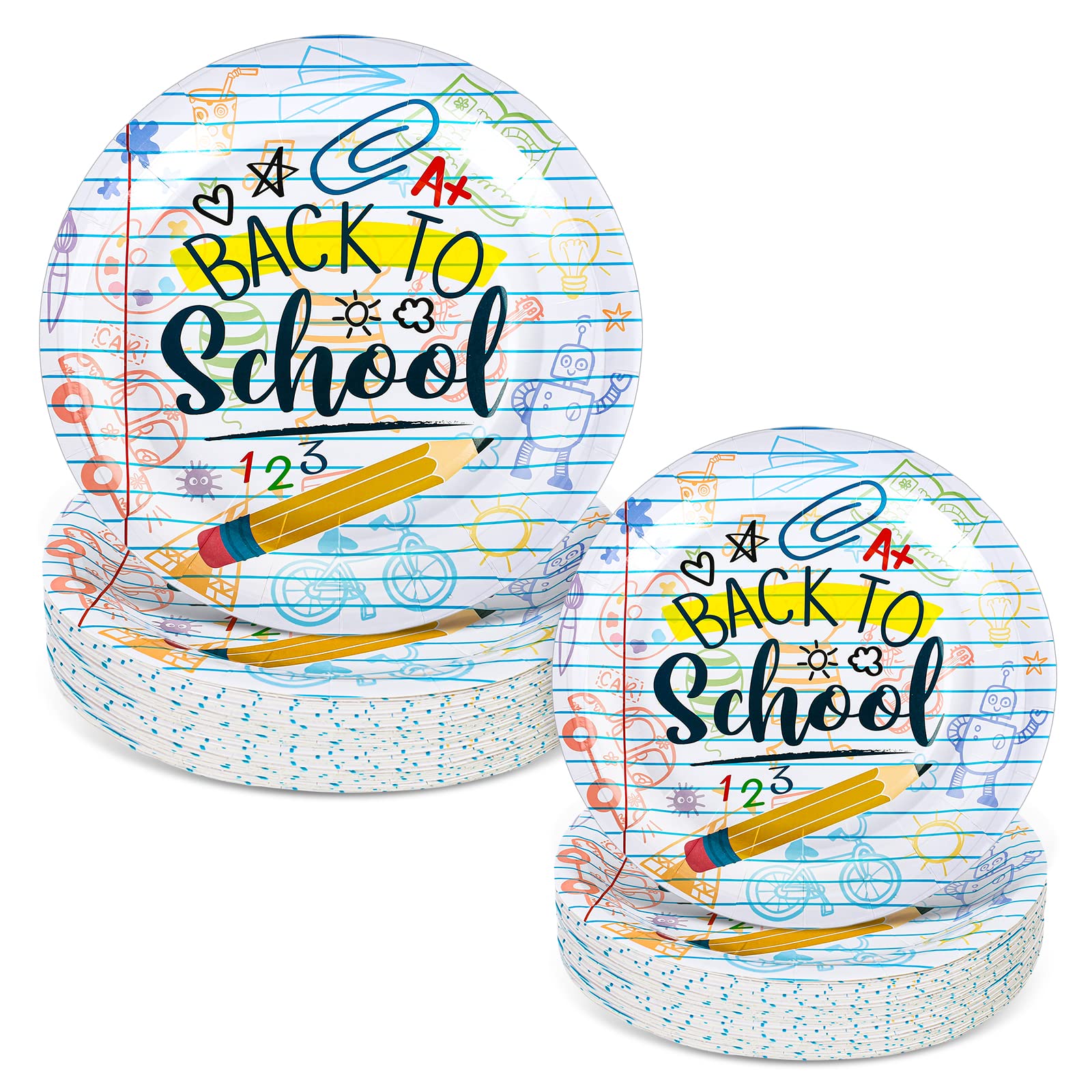 Whaline 50Pcs Back To School Paper Plates School Season Round Disposable Plates 9Inch & 7Inch Homework Pencil Prints Decorative