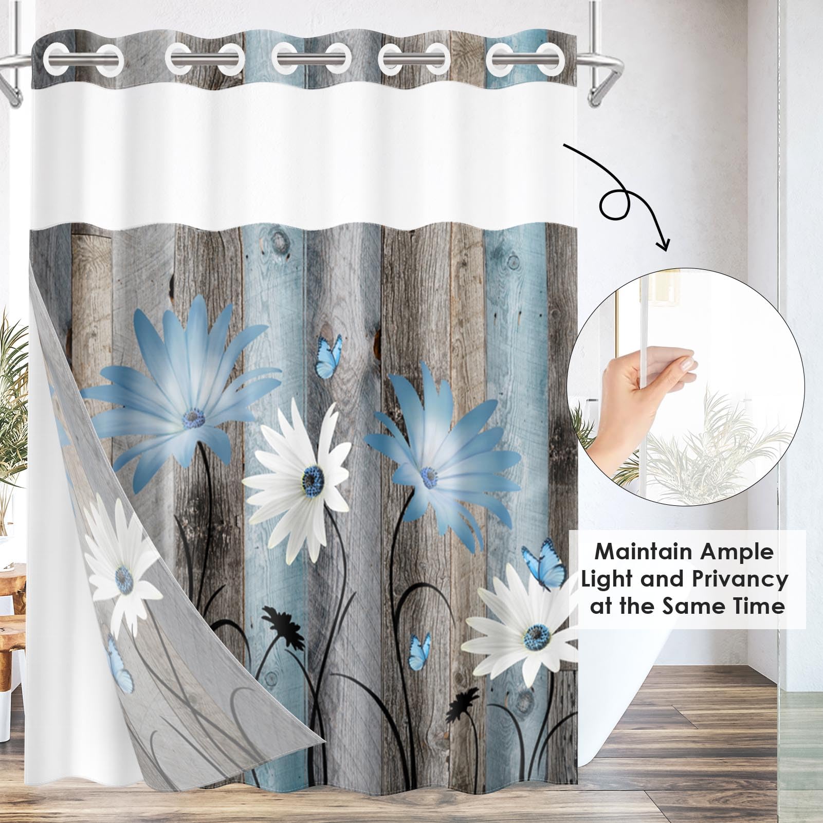Nesphy No Hook Rustic Farmhouse Shower Curtain With Snap In Fabric Liner Set, Blue Daisy Flowers And Butterfly On Wooden Double