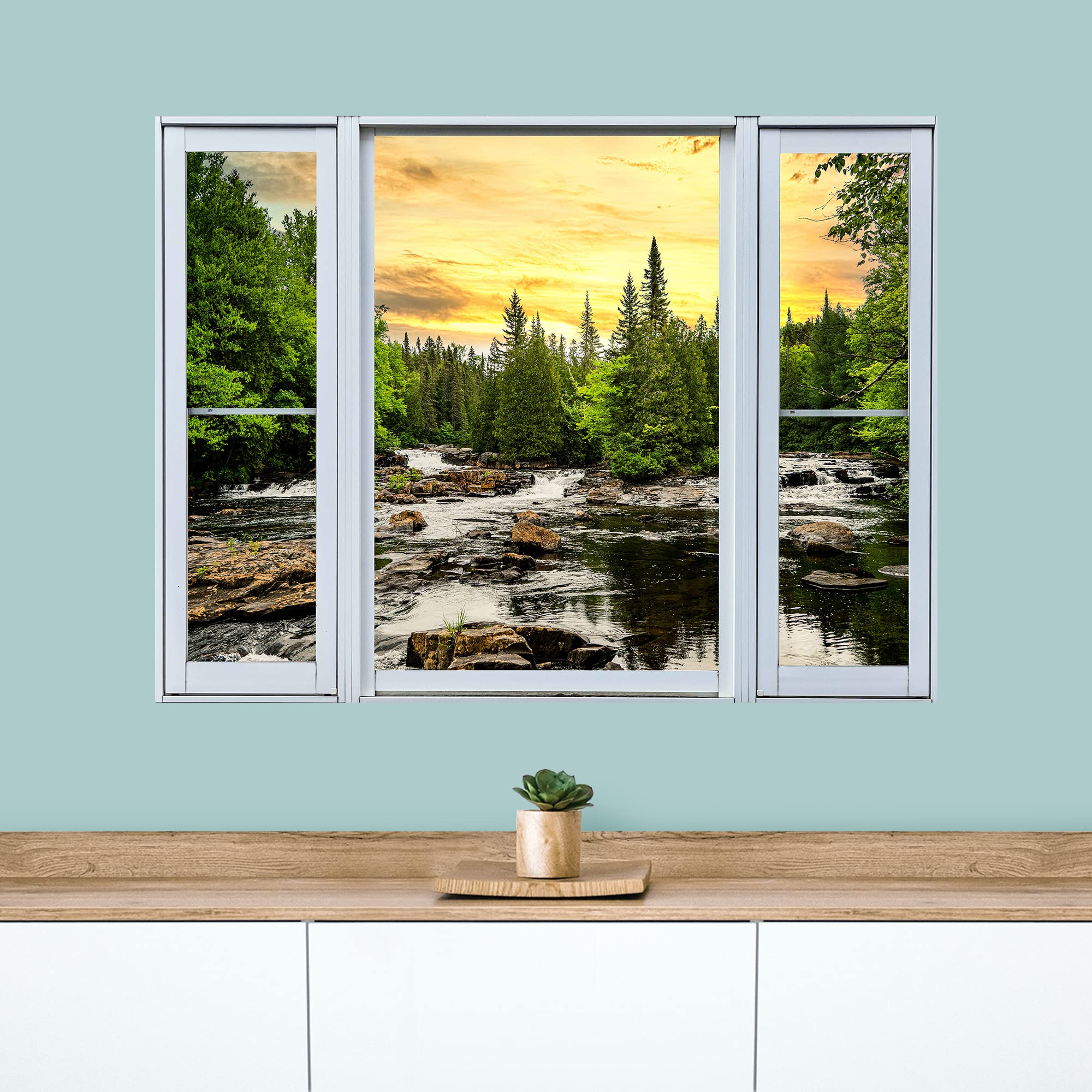 wall26 Removable Wall Sticker/Wall Mural Window View Sunset Dusk Pine Tree Forest Mountain Lake Nature Wilderness Photography Realism Landscape Multicolor for Living Room  Bedroom  Office - 36''x48''