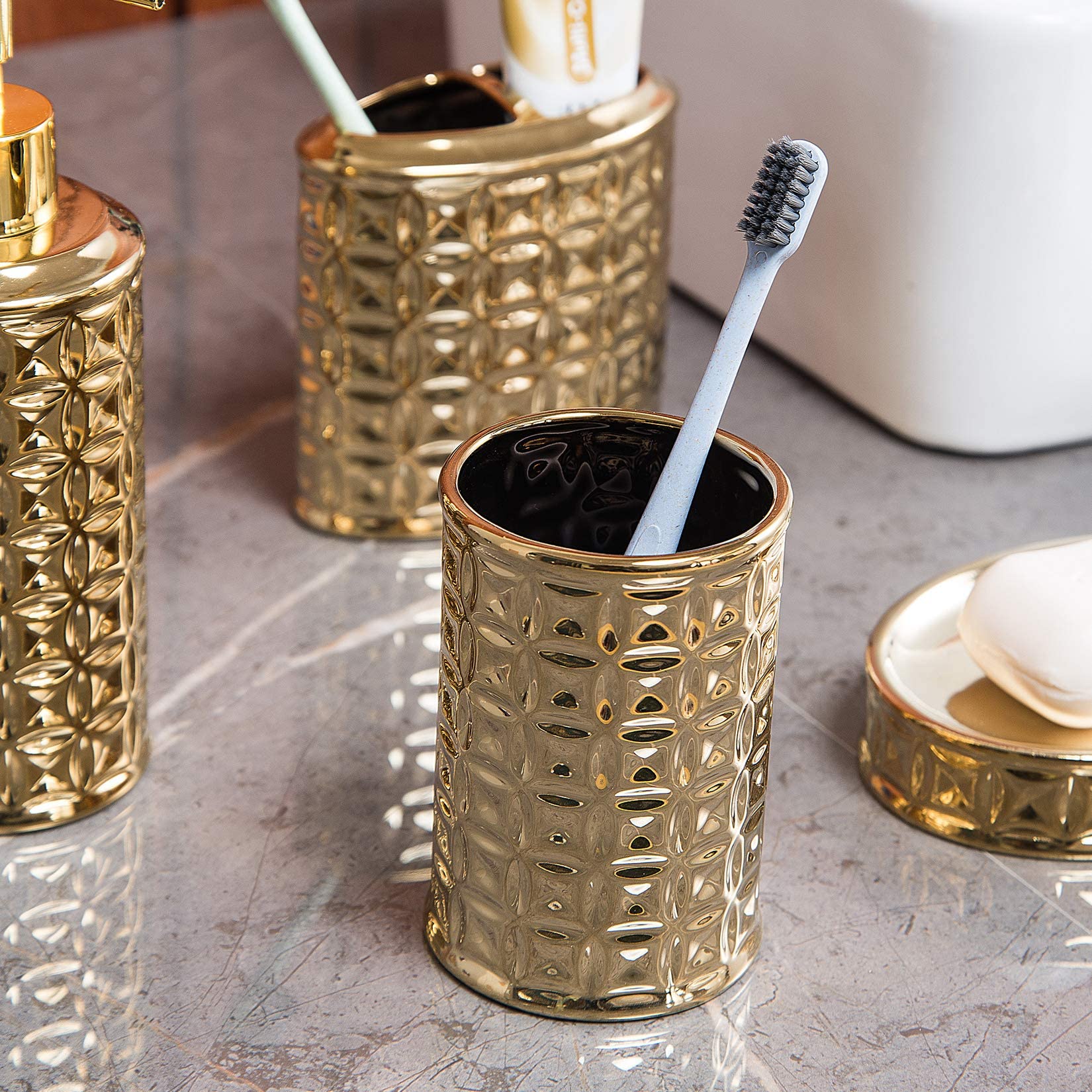 Gold Bathroom Accessory Set, 4-Piece Ceramic Bathroom Decorations Accessories Sets Includes Lotion Dispenser, Toothbrush Holder