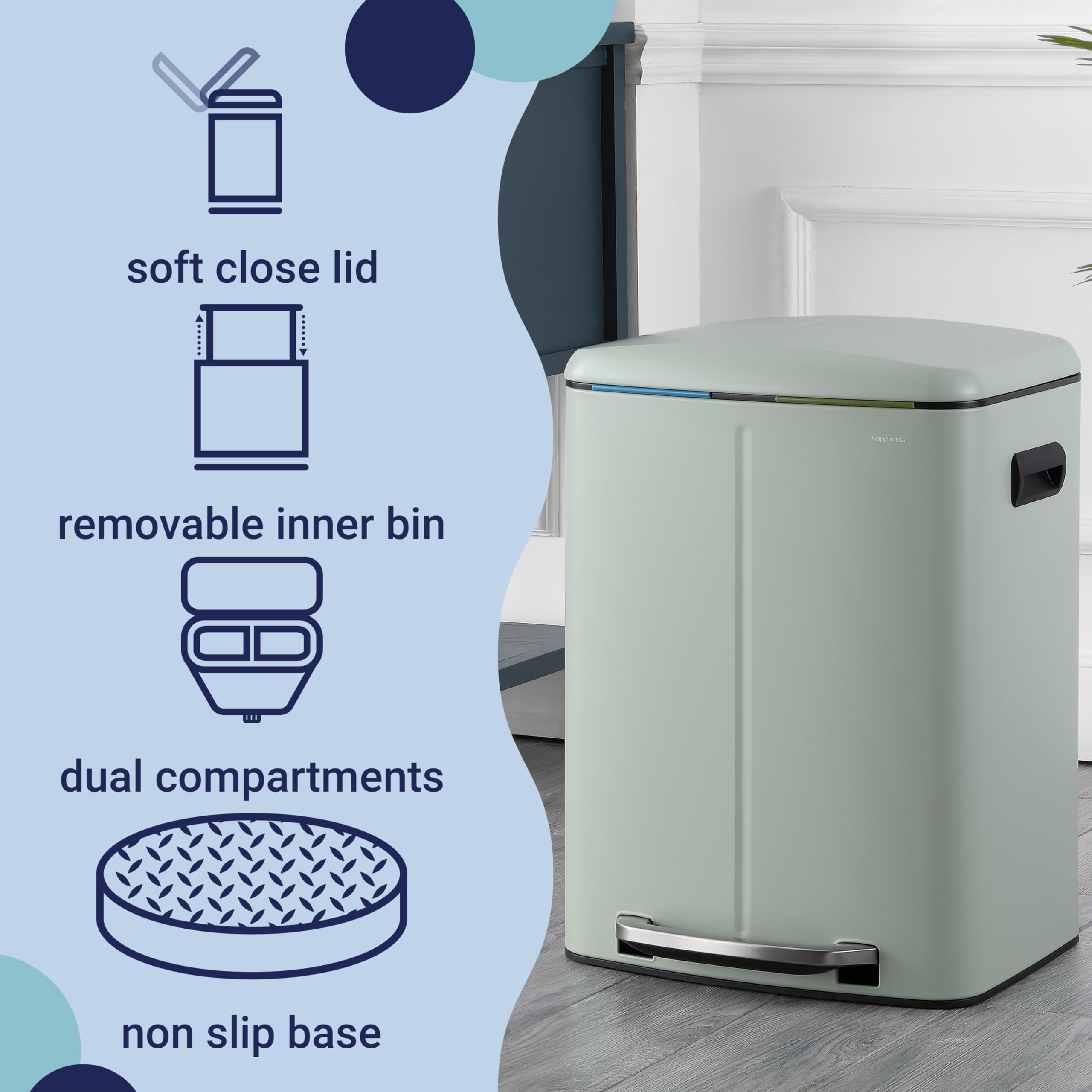 Happimess Hpm1005E Marco Rectangular 10.6-Gallon Double Bucket Trash Can With Soft-Close Lid, Fingerprint Resistant, Modern, Min
