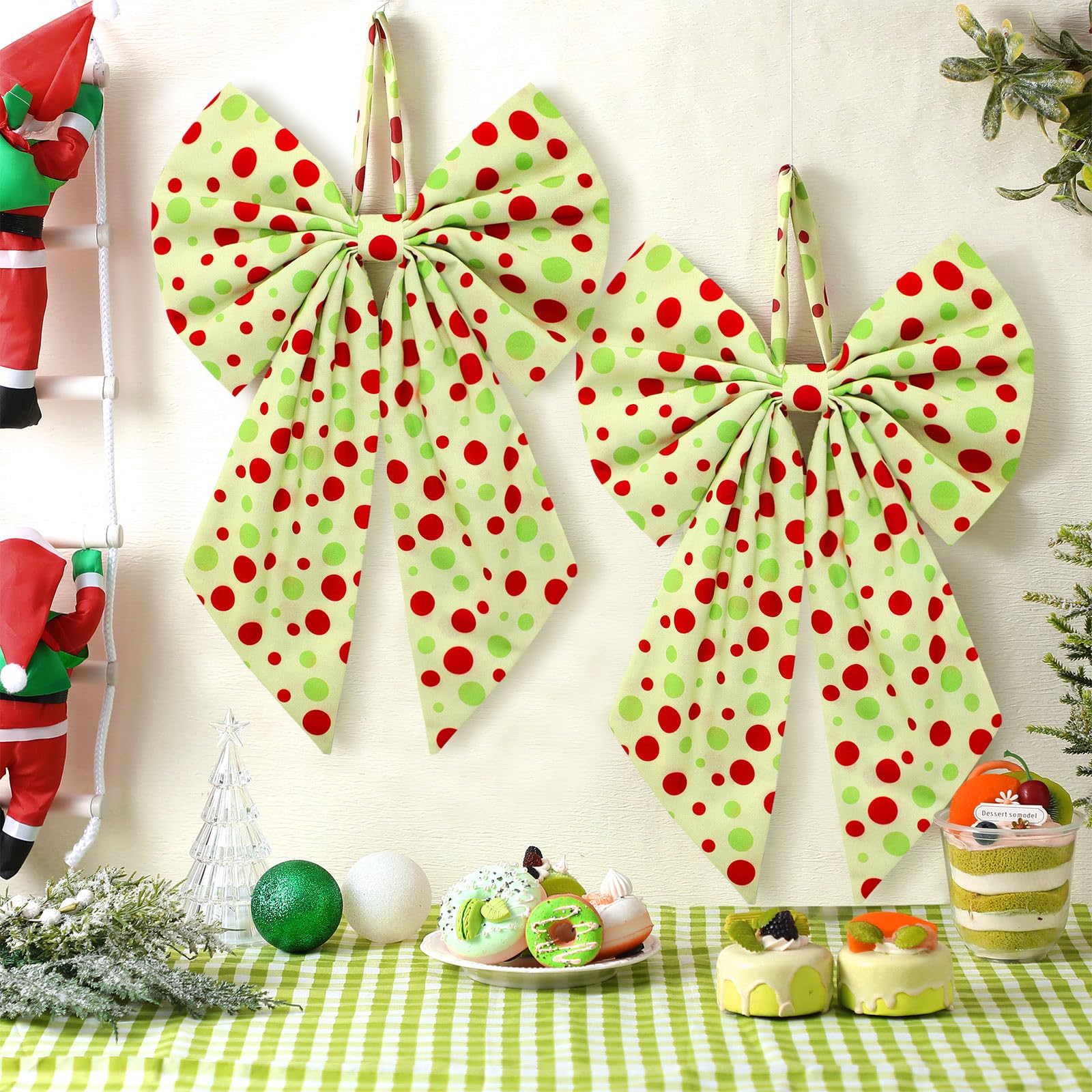 Suncalla 2 Pcs Red Green Dots Christmas Wreath Bow Front Door Hanger 19.6'' x 11.8'' Cute Christmas Tree Dot Bow Wreath Accessor