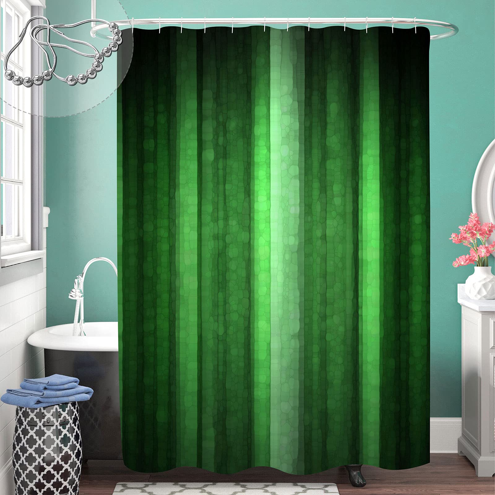 Gibelle Green Striped Shower Curtain, Emerald Green Dark Green Neon Fabric Shower Curtain Set With Hooks, Ombre Abstract Modern