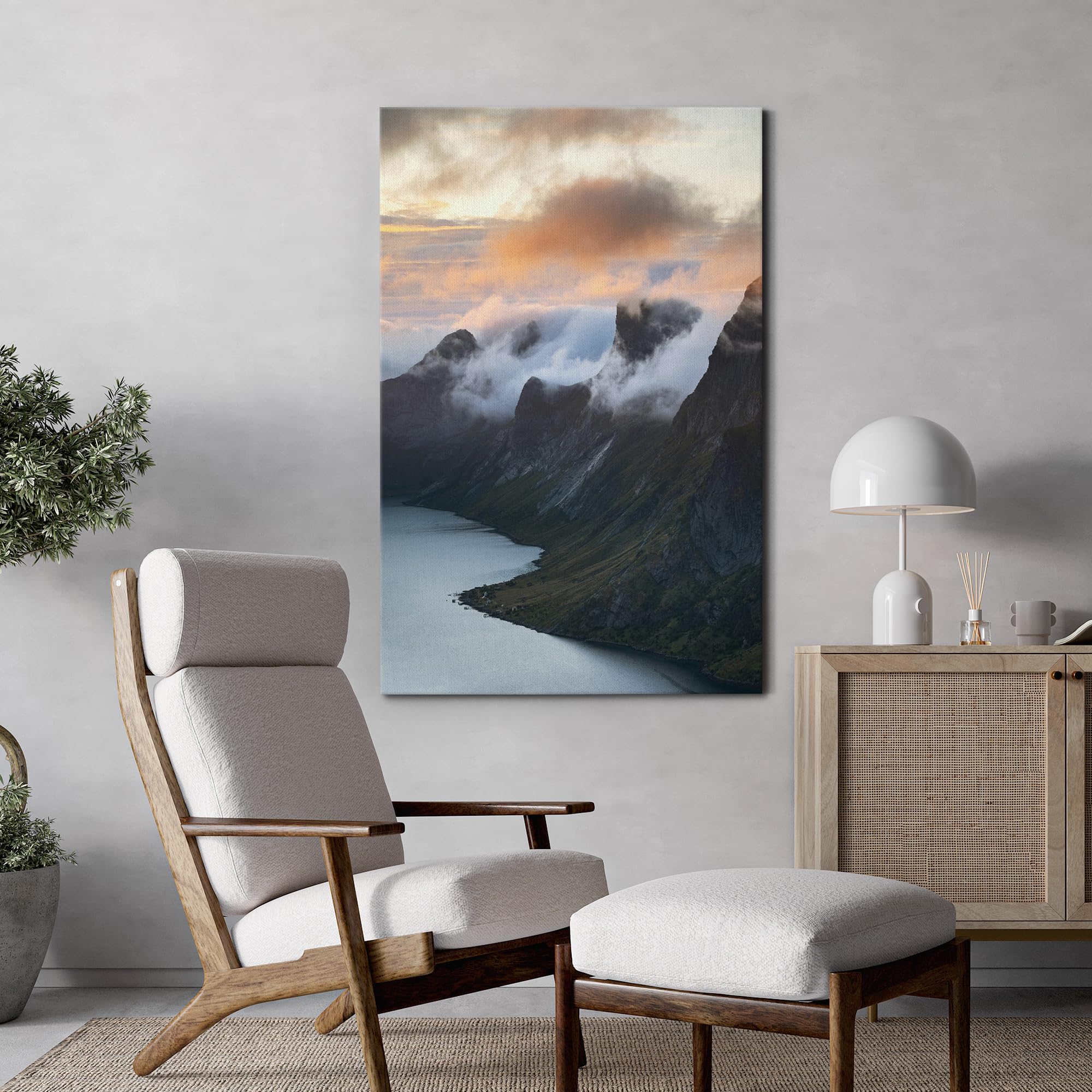 Wall26 Canvas Print Wall Art Misty Mountain Sunrise Over Fjord Animals Photography Realism Rustic Scenic Landscape Wilderness Ze
