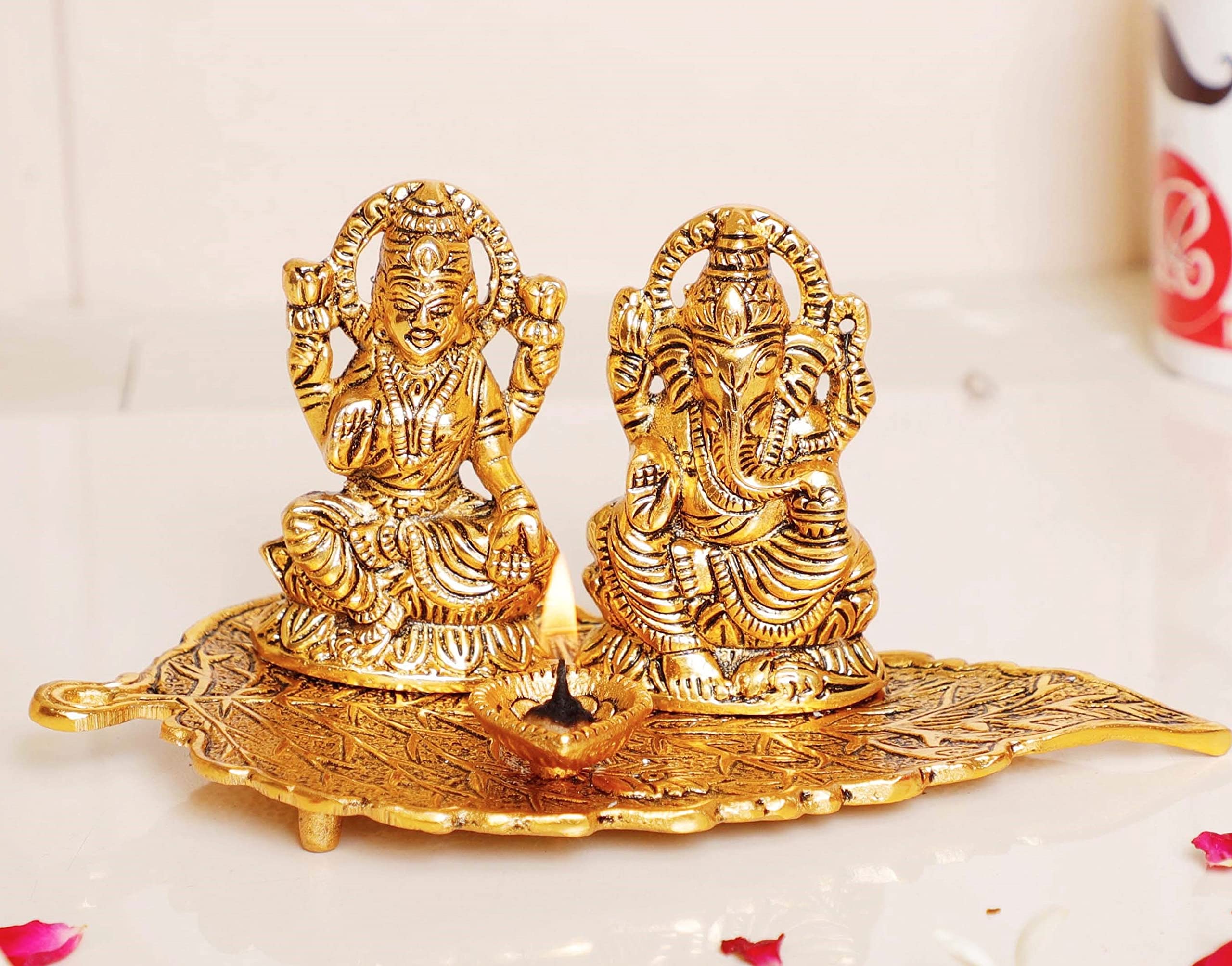 Kridaykraft Laxmi Ganesh Metal Statue, Laxmi Ganesh Murti With Diya For Pooja, Ganpati Idol For Home Decor, Gift Your Relatives,