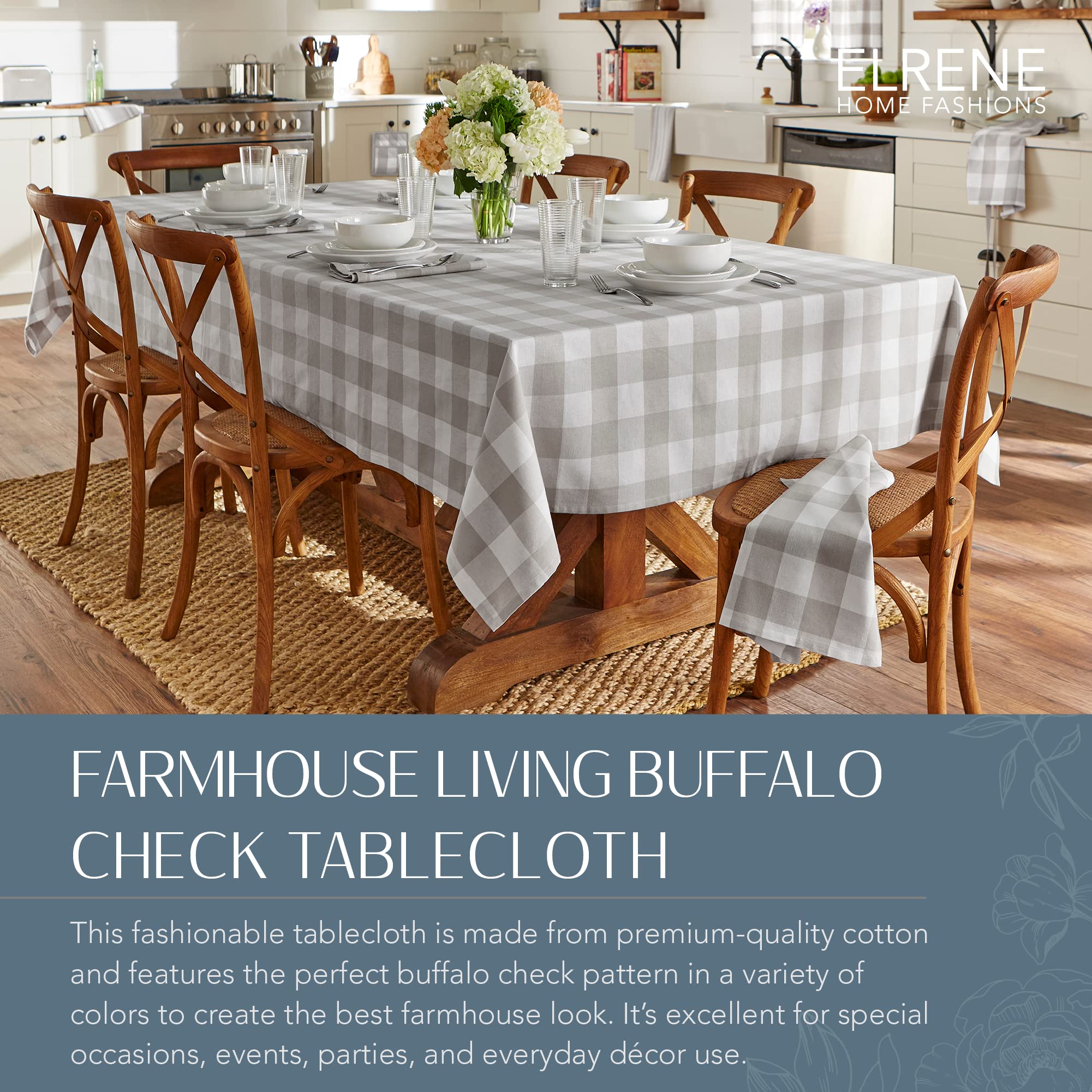 Elrene Home Fashions Farmhouse Living Buffalo Check Tablecloth, 60'' X 120'', Gray/White
