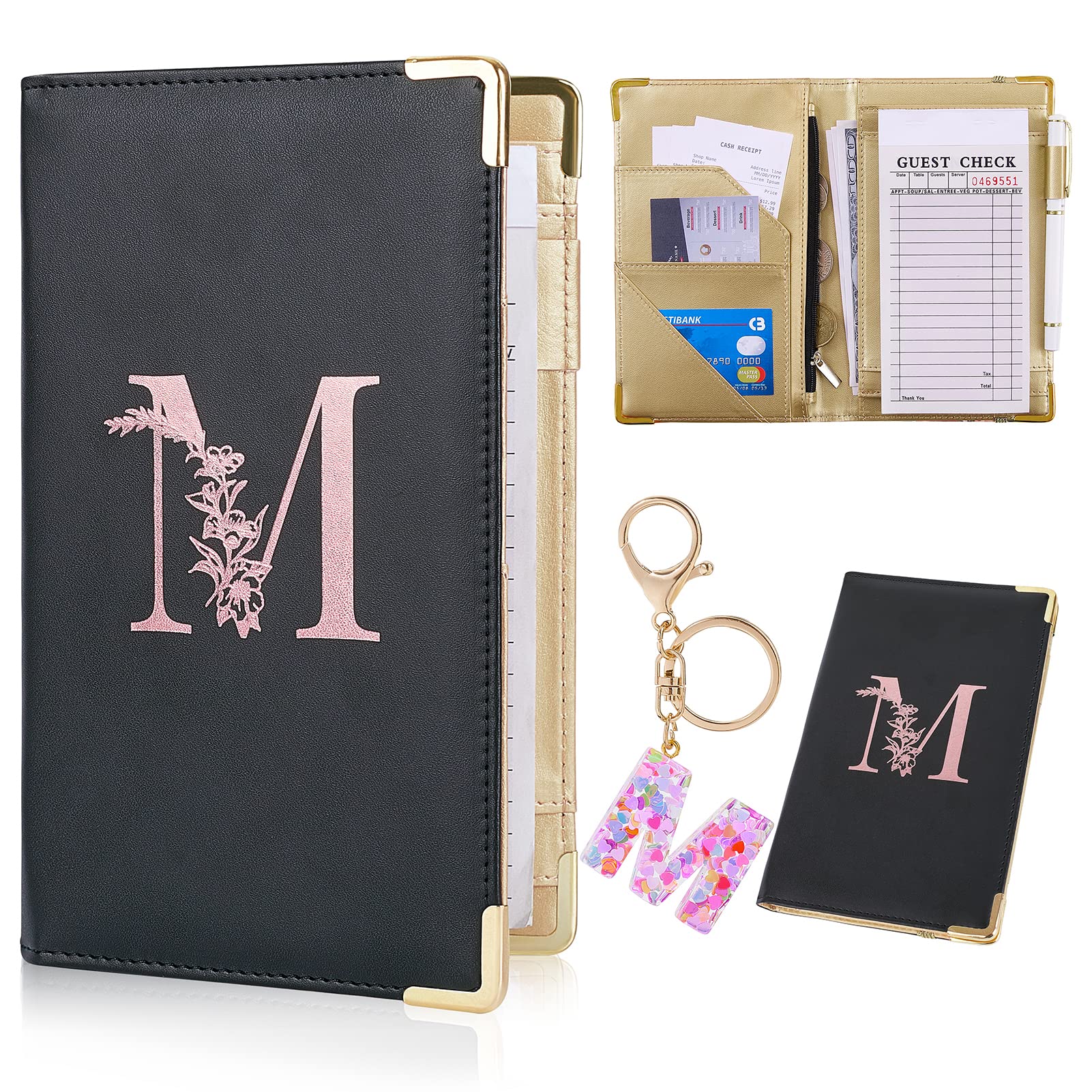 Fioday Server Books Alphabet Waitress Book Cute Waiter Book Zipper Pocket Leather Serving Book With Gift Keychain Guest Check Bo