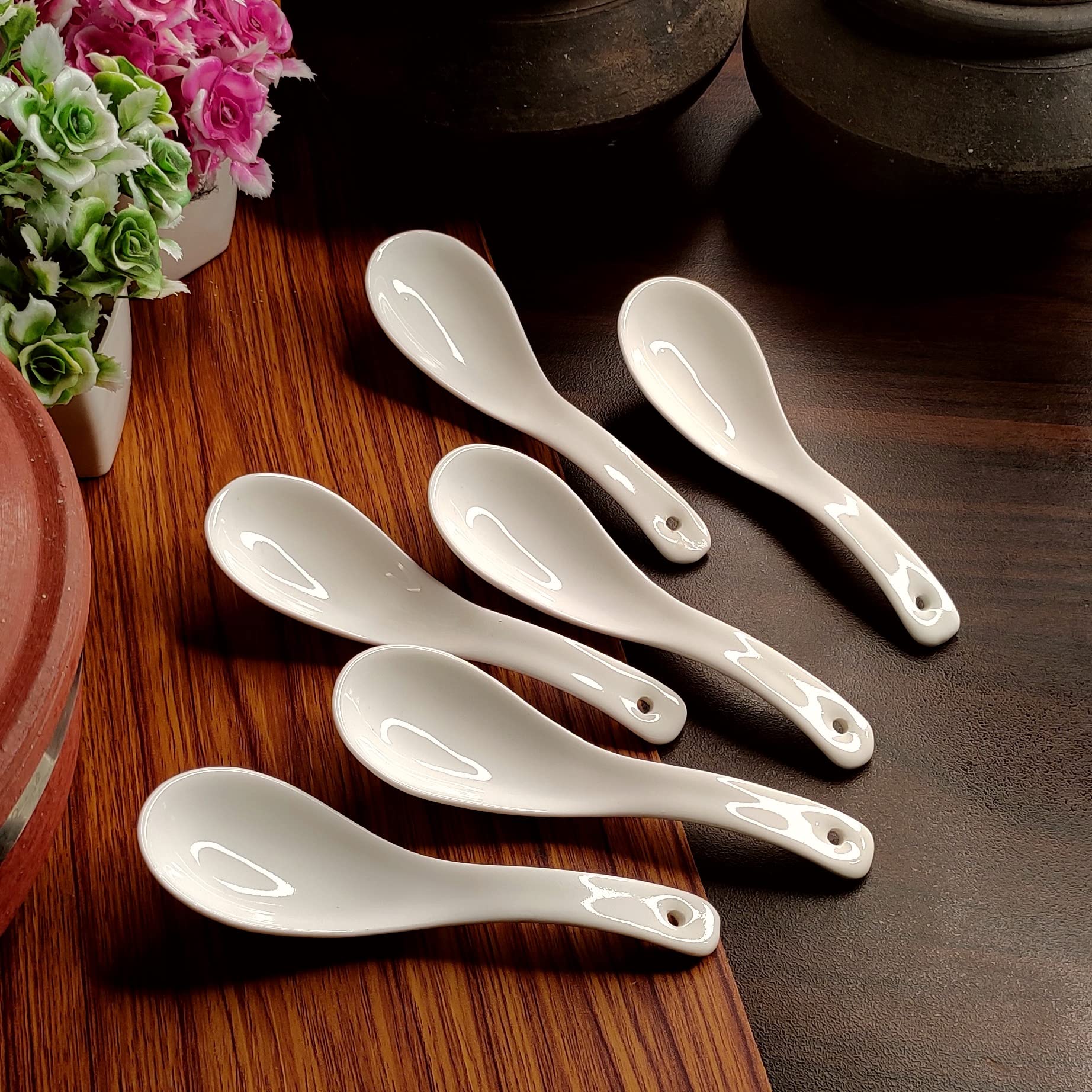 Vemlons Soup Spoon/Soup Spoons Ceramic Soup Spoon/Soup Spoon Set of 6 Pure Ceramic White Color Microwave Safe 15 cm Soup Spoons