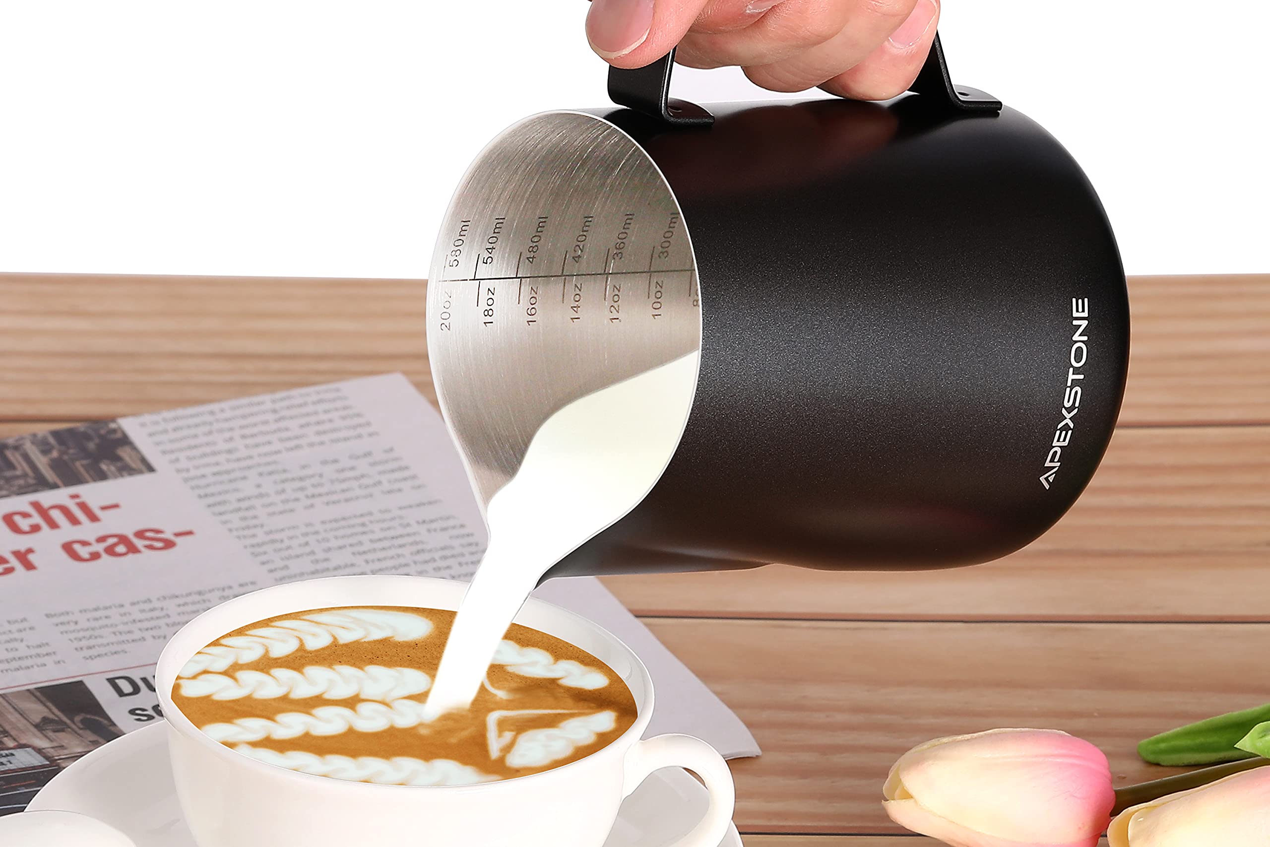 Apexstone 20 oz Black Espresso Steaming Pitcher  Espresso Milk Frothing Pitcher 20 oz Black  Coffee Milk Frothing Cup  Coffee Steaming Pitcher 20 oz/600 ml