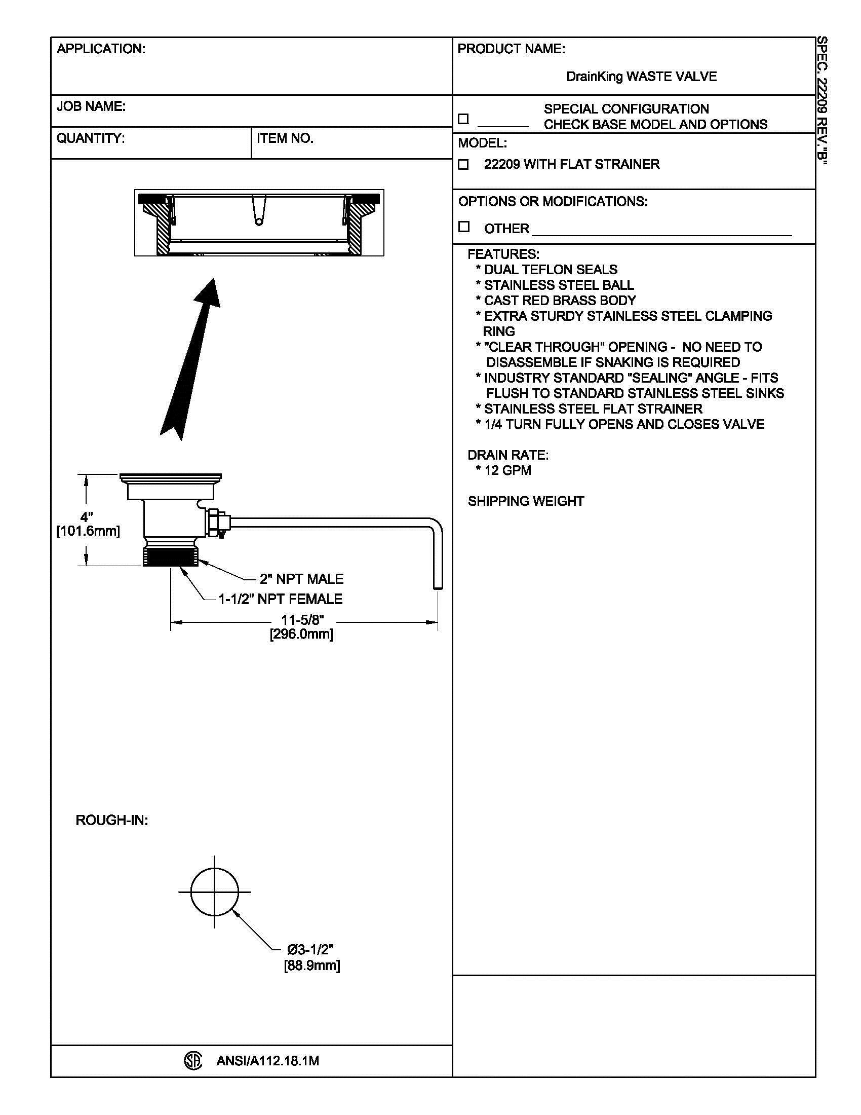 Fisher 22209 DrainKing Waste Valve  with Flat Strainer  12 GPM Drain Rate