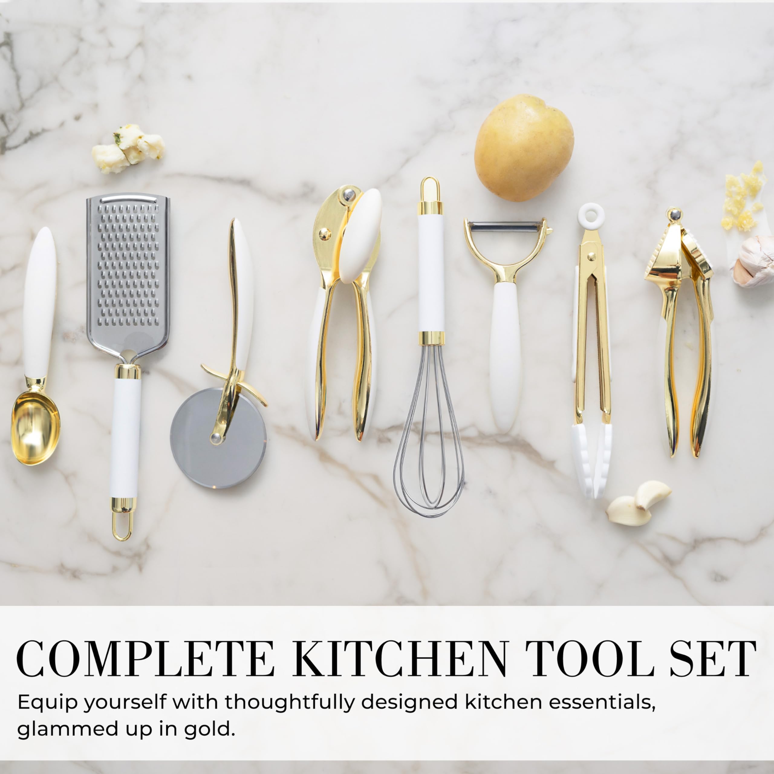 White & Gold Kitchen Tools And Gadgets - Luxe 8Pc Cooking Tools And Gadgets With Anti-Slip Handles, Gold Utensils Set, Gold Kitc