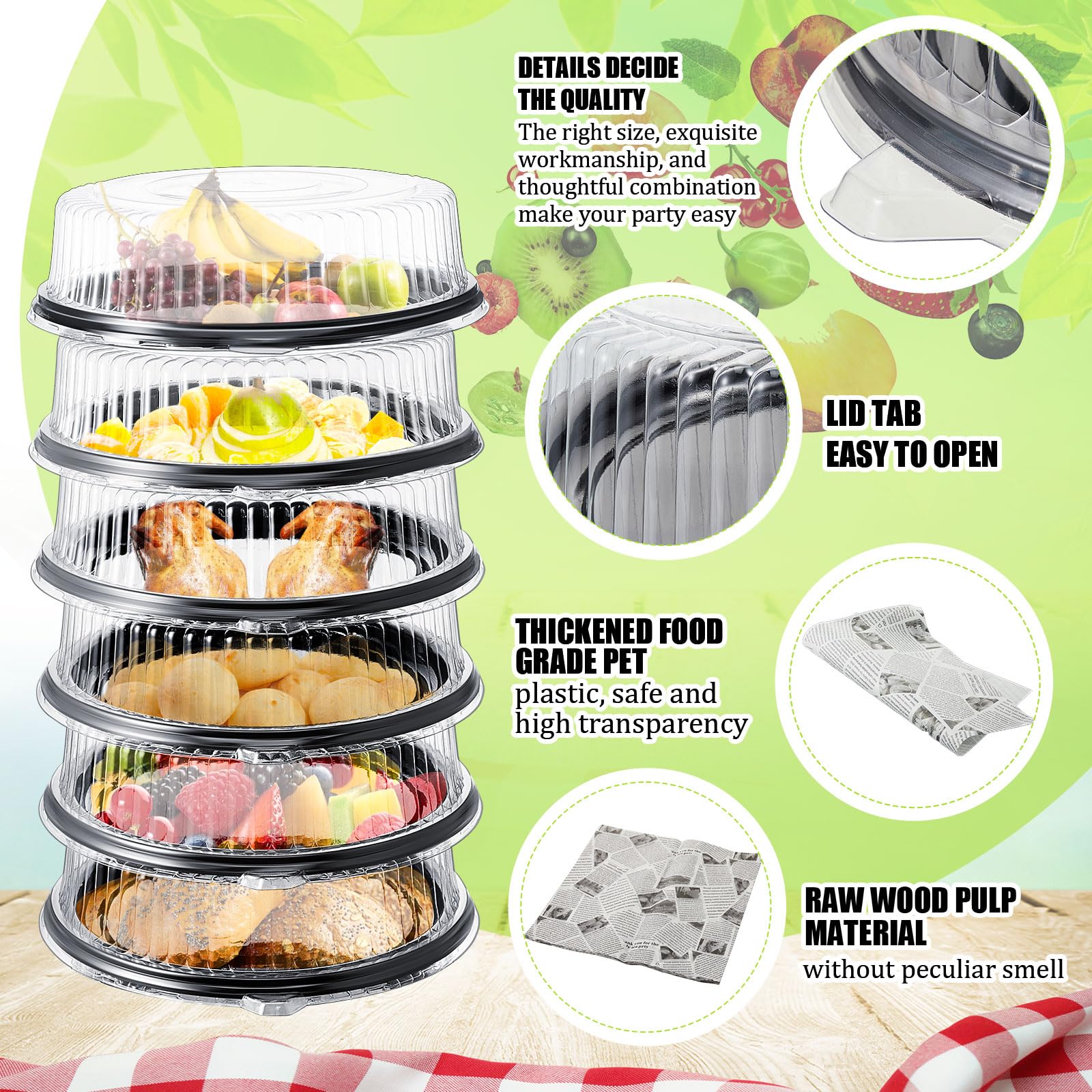 Tessco 6 Pcs Heavy Duty Serving Tray And Lid 12 Pcs Deli Wax Paper Sheets Large, Black Plastic Round Platters With Clear Lids Fo
