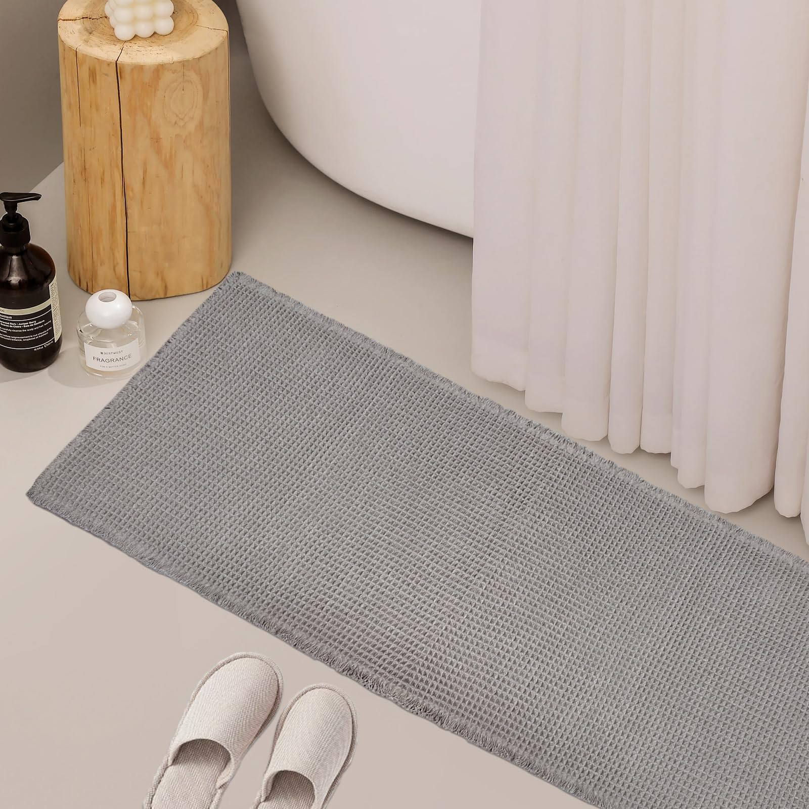Zall Grey Waffle Bath Mat,Super Absorbent Non Slip Long Bathroom Runner Rug,Gray 24X72Inch,Machine Washable Ultra Soft Floor Mat