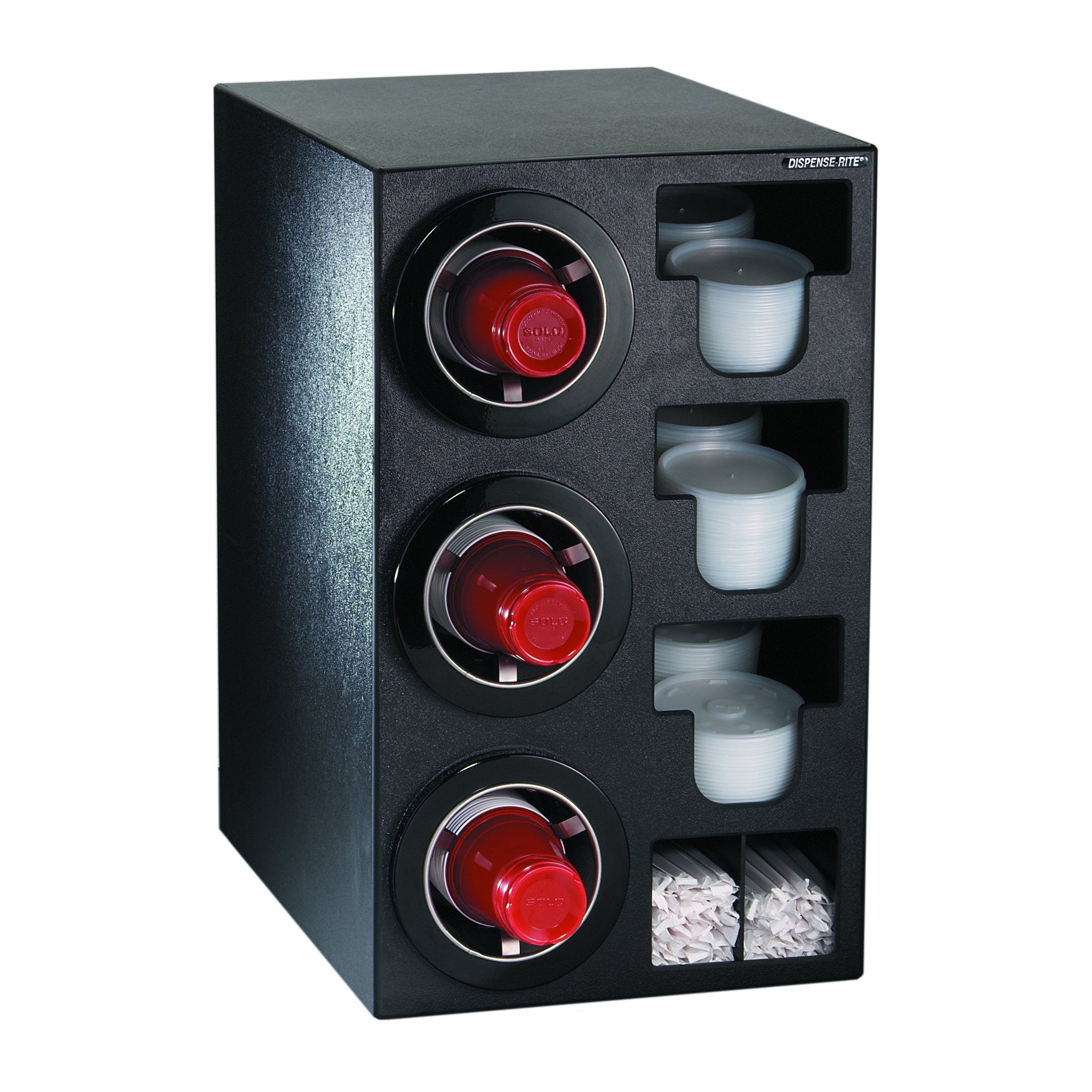 Dispense-Rite CTC-C-3BT Countertop Cup Dispensing Cabinet, (3) ADJ-2F Built-in Lid and Straw Organizer, Black Polystyrene, 24-1/