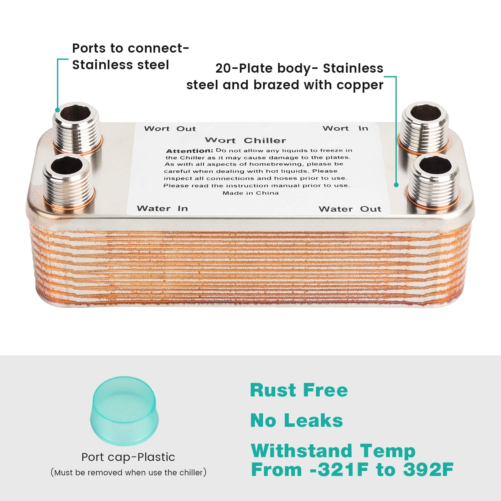 ?20 Plates?Mrbrew Homebrew Wort Chiller, Stainless Steel And Brazed With Copper Heat Exchanger, 1/2 Npt Thread Connection Hot Li