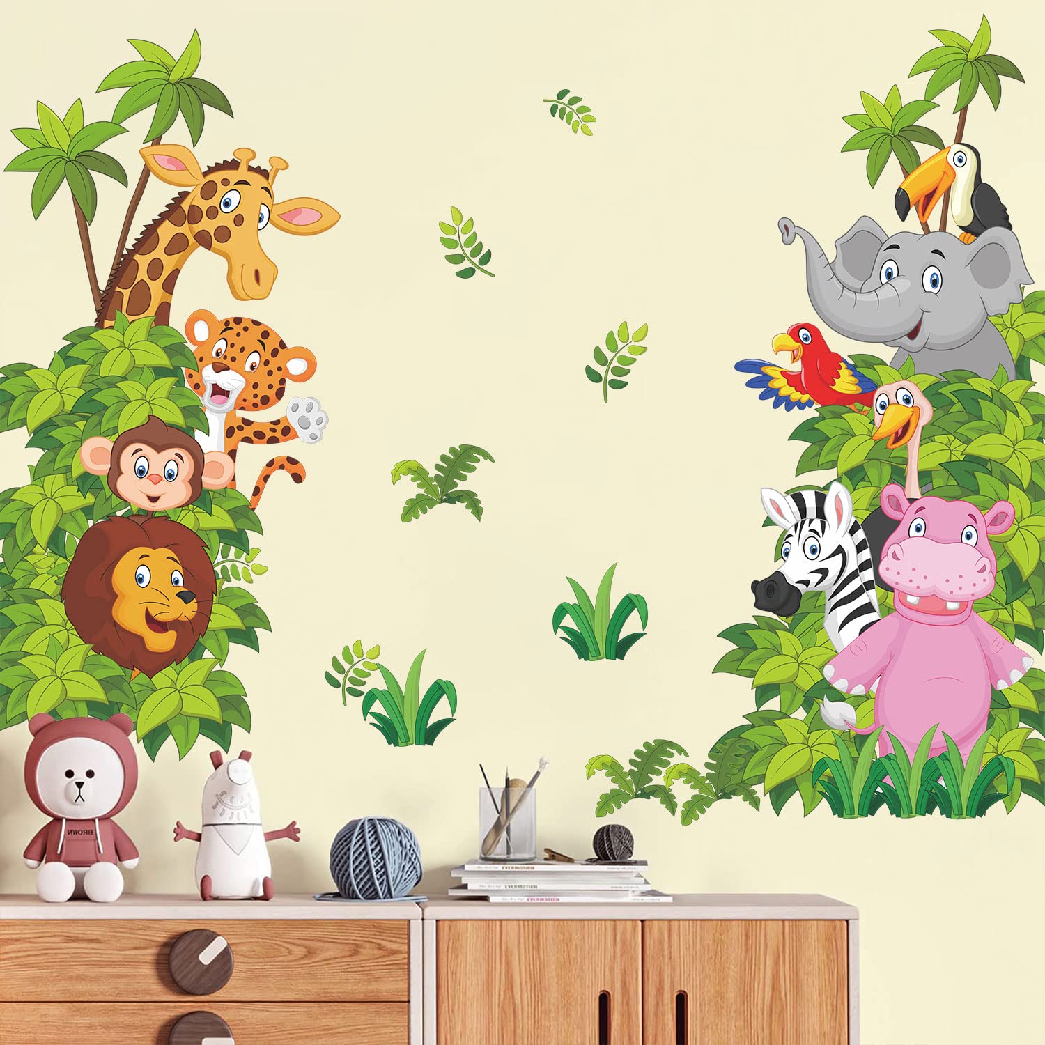 Supzone Jungle Animal Wall Stickers Cartoon Animal Wall Decal Elephant Lion Zebra Wall Art Sticker For Kids Baby Nursery Bedroom