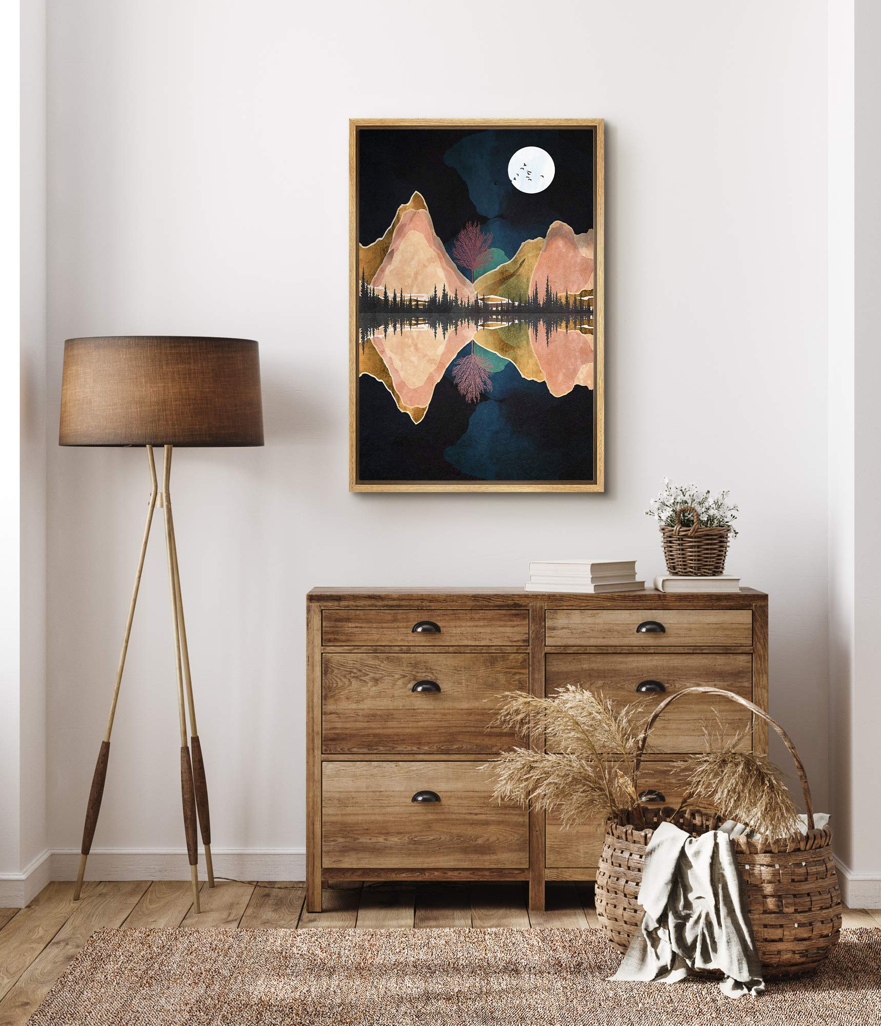 Signford Framed Canvas Print Wall Art Watercolor Mountains & Forest Reflection Abstract Wilderness Illustrations Modern Art Cont