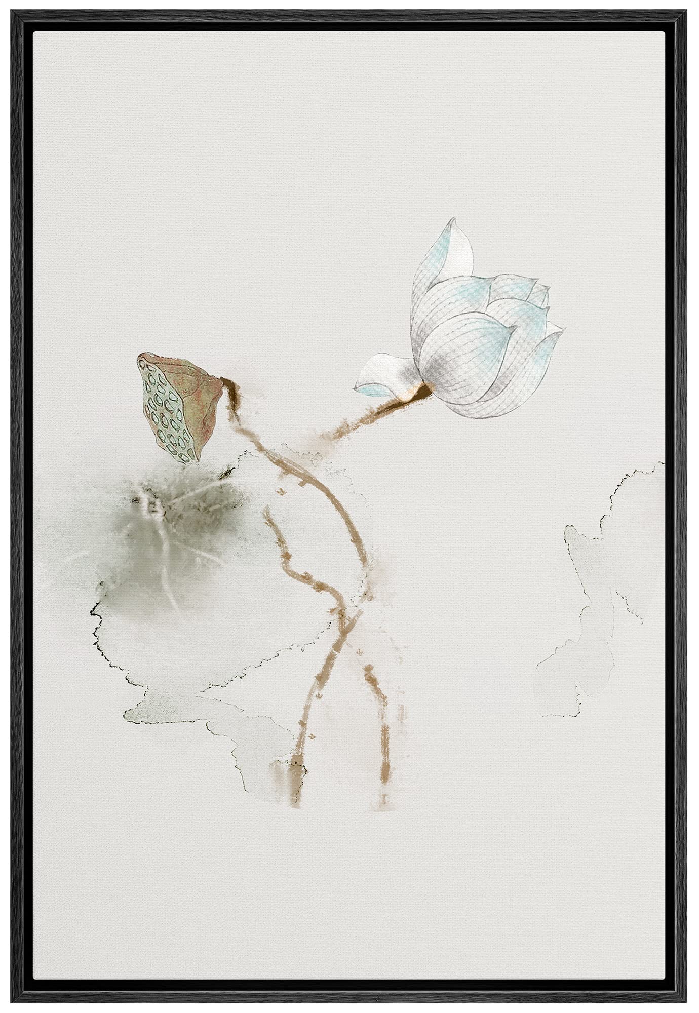 Nwt Framed Canvas Print Wall Art Watercolor Effect White Magnolia & Seed Pod Floral Plants Illustrations Modern Art Minimalist S