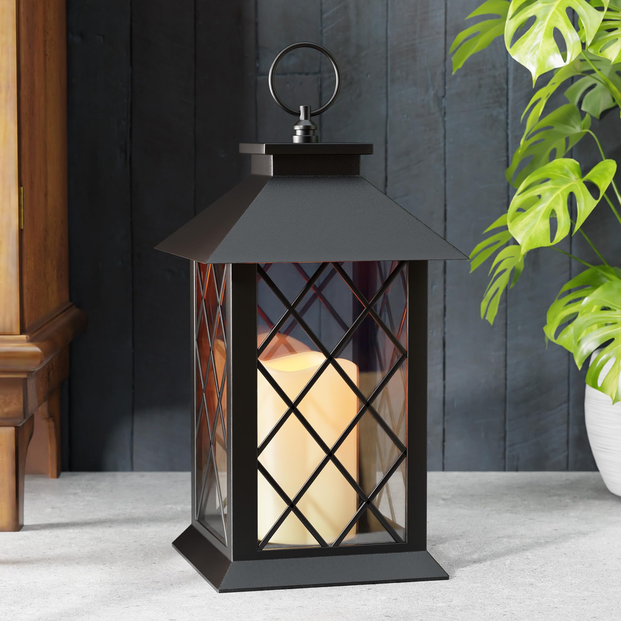 AFINETH 13.4 Lanterns Decorative Indoor, Black Lantern Decor with Timer Flickering Candle, Diamond-shaped Outdoor Lanterns, Wate