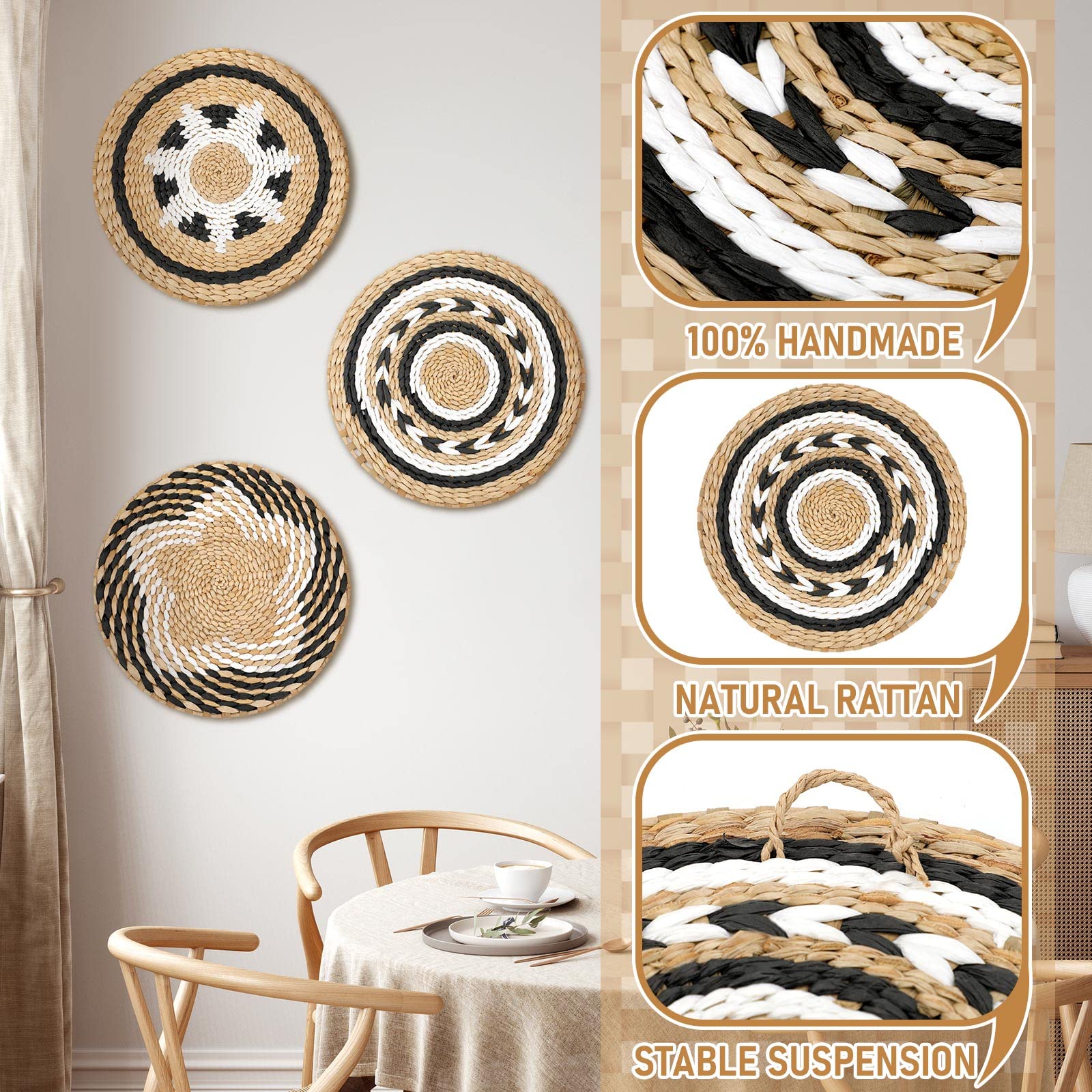 Boho Wall Basket Decor Set Of 3 Decorative Bulrush Woven Basket Wall Decor Set Rustic Hanging Handmade Round Woven Wall Decor Wi