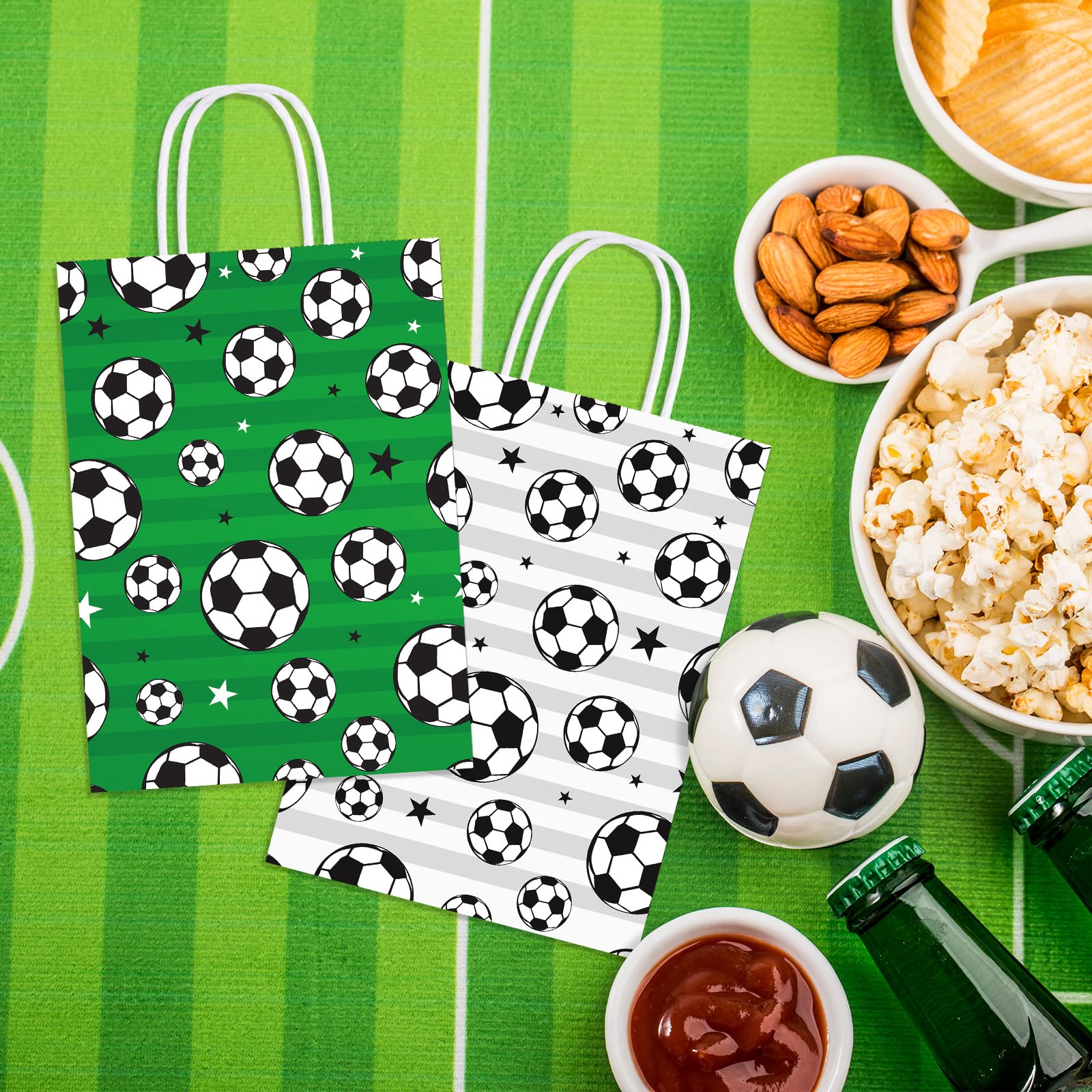 Durony 16 Pieces Soccer Gift Bag Soccer Print Paper Bags Goodie Favor Bags For Soccer Party Decorations Supplies