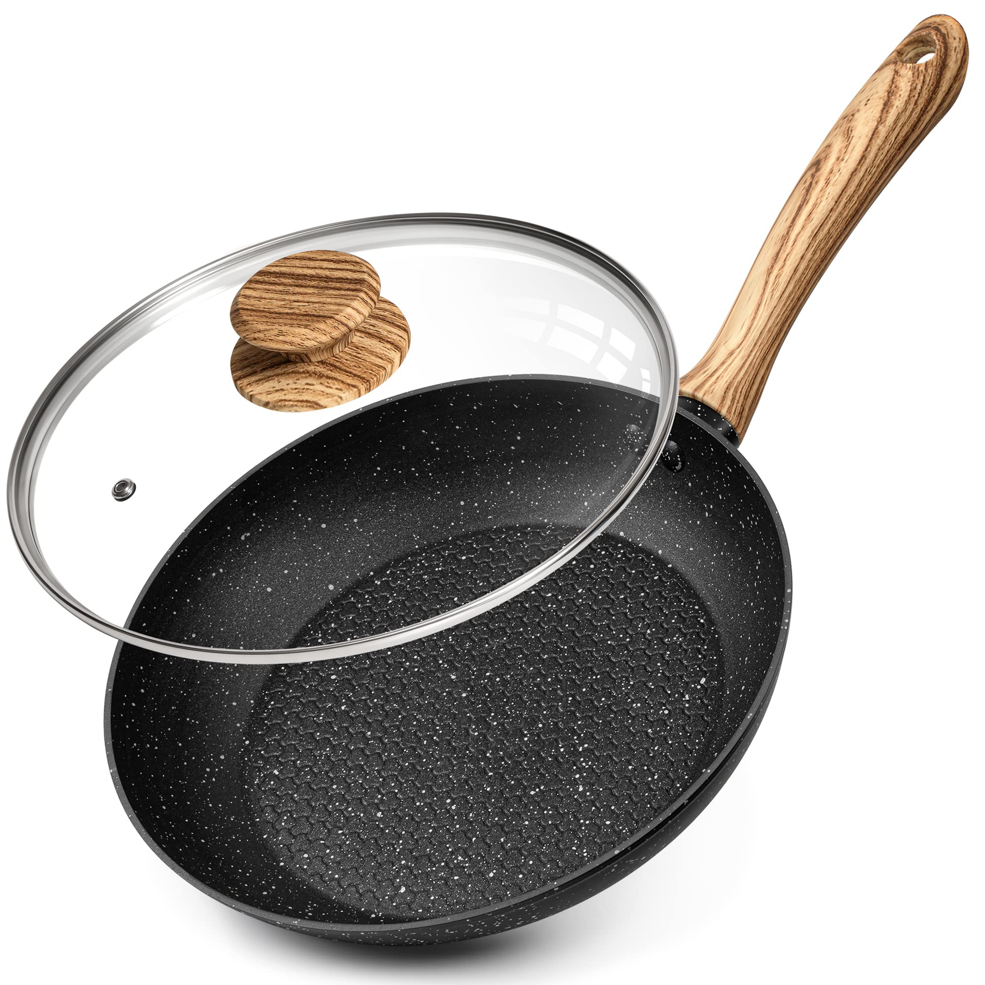 Michelangelo 10 Inch Frying Pan With Lid, Nonstick Frying Pan With Bakelite Handle, 10 Inch Frying Pan Non Stick, White Stone No
