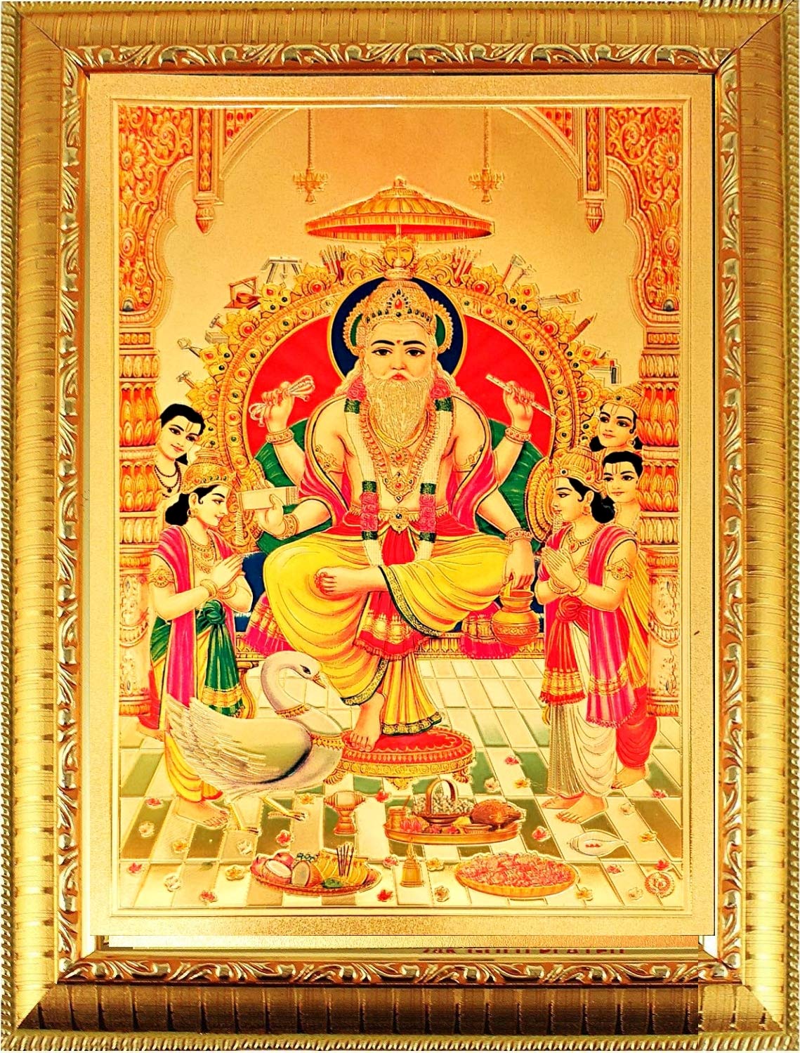 Suninow Wood Lord Vishwakarma - Brahma Gold Plated Photo Frame |God Photo Frames | Wall DCor Photo Frame | Photo Frame, 9.45 Inc