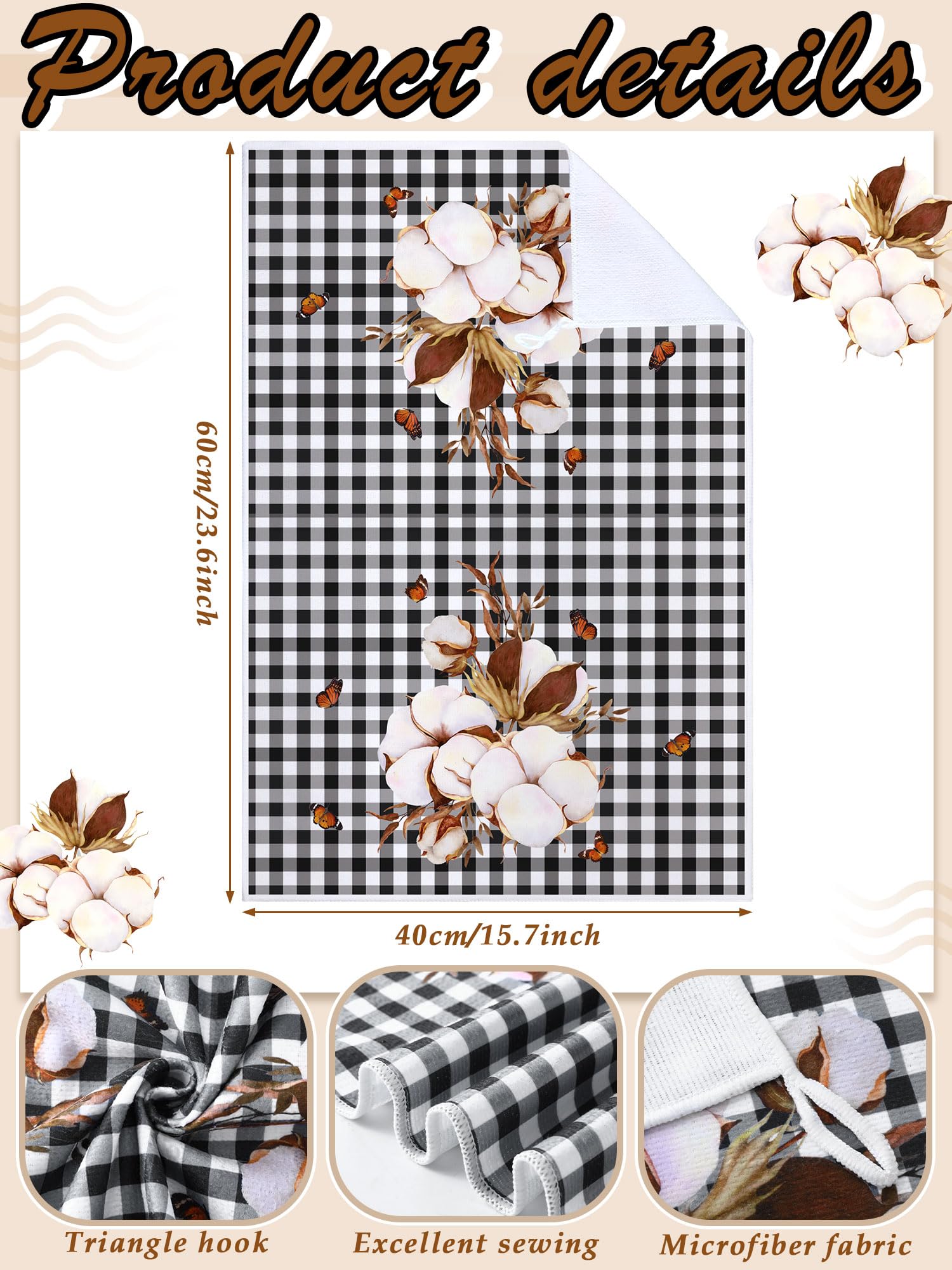 Bencailor 4 Pcs Farmhouse Rustic Kitchen Towels Farm Cotton Hand Dish Towels Black and White Plaid Neutral Fast Drying Decor Hou