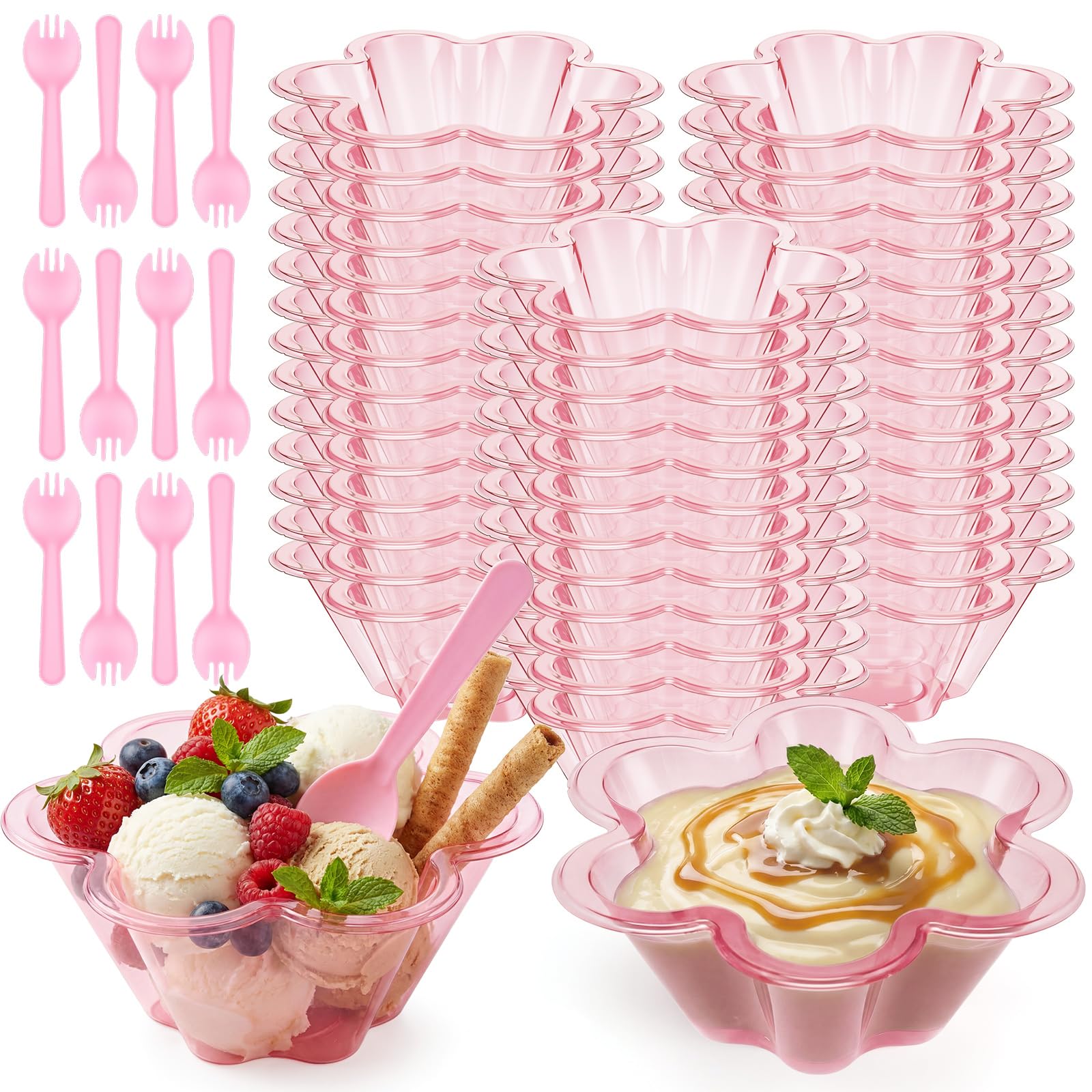 Patelai 100 Pcs 8 oz Pink Desset Cups with Spoons Ice Cream Bowls