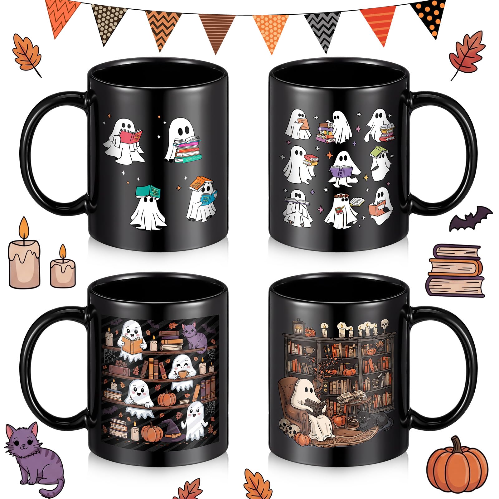 Potchen 4 Pack 12 oz Halloween Coffee Mug Book Lover Coffee Mugs Dishwasher Microwave Safe Porcelain Bookworm Cups Bookish Gifts