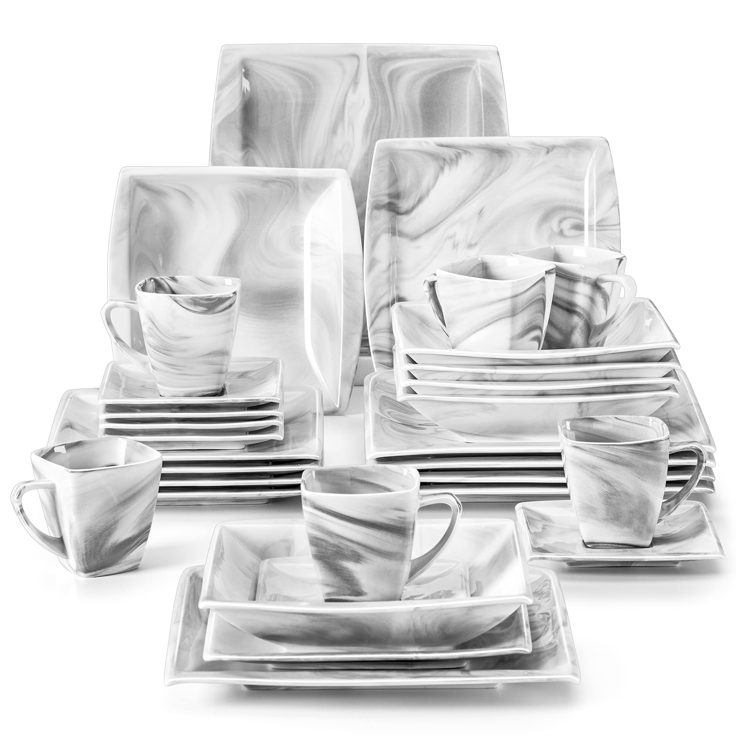 MALACASA Dinnerware Sets, 30 Piece Porcelain Plates and Bowls Sets for 6, Square Dish Set with Dinner Plates Set, Cup and Saucer