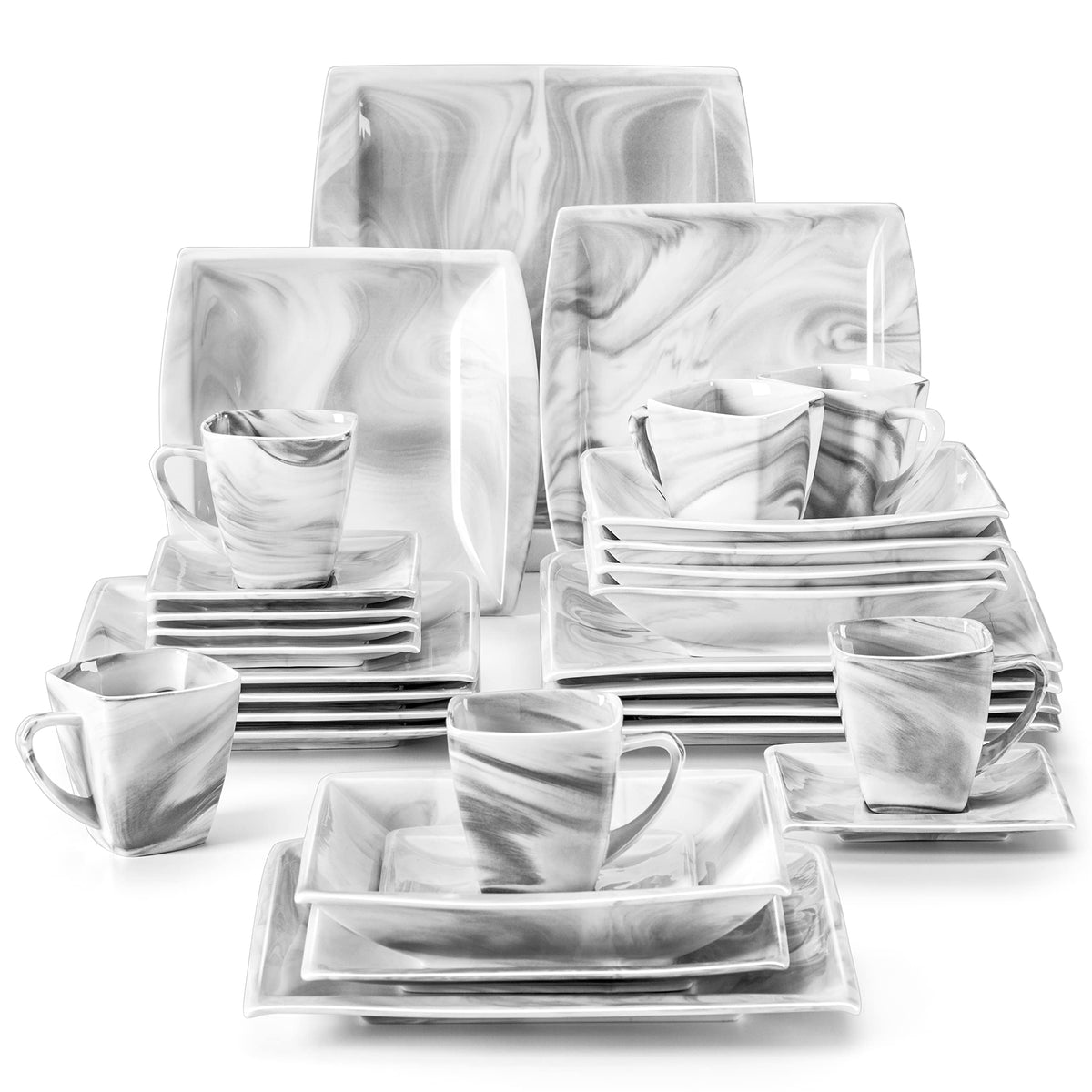 MALACASA Dinnerware Sets, 30 Piece Porcelain Plates and Bowls Sets for 6, Square Dish Set with Dinner Plates Set, Cup and Saucer
