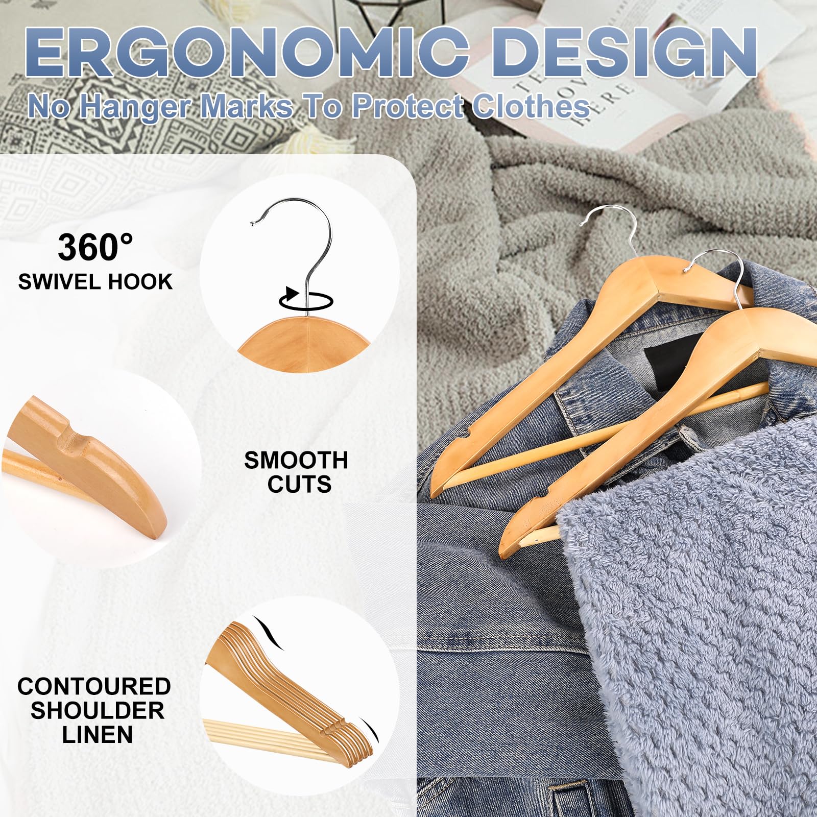 Wooden Hangers 30 Pack, Heavy Duty Wood Hangers For Coats, Suits, Jackets, Closet & Pants Durable Premium Wood Hangers With 360-