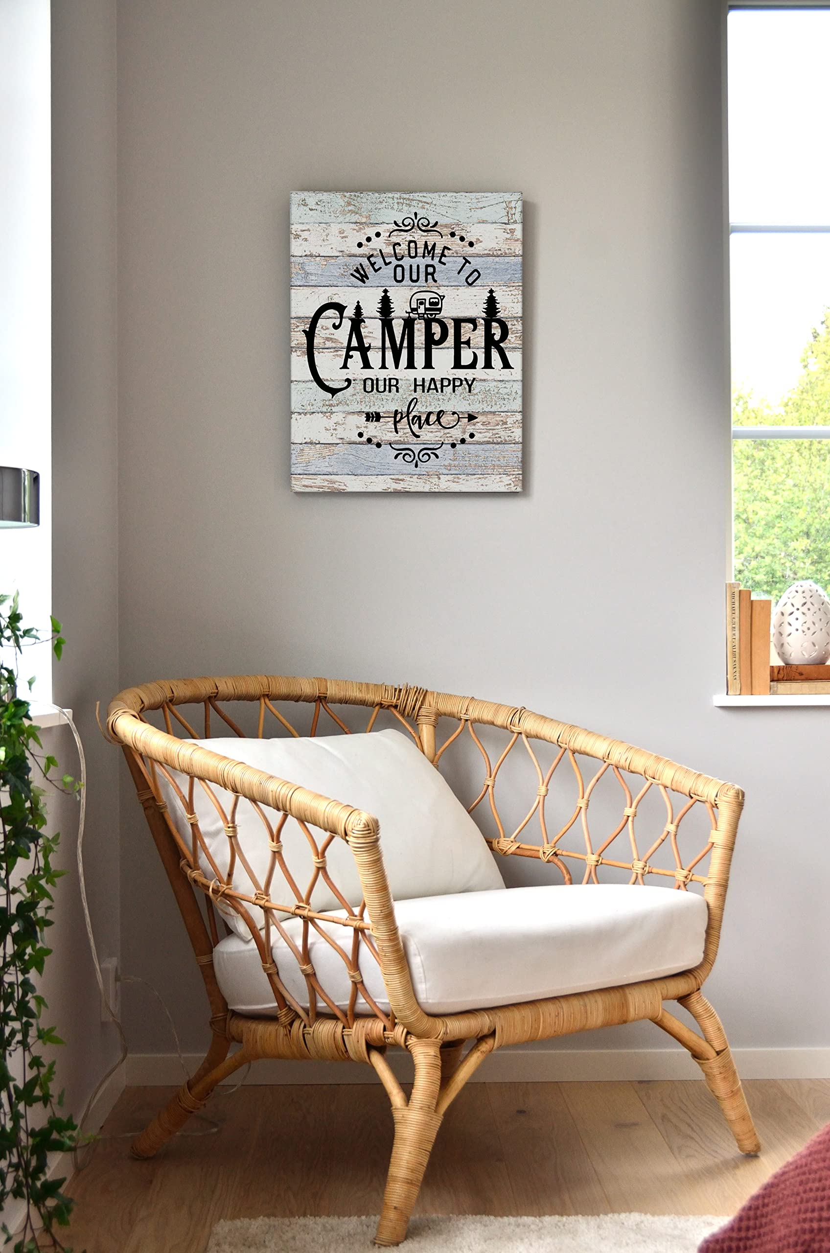 Welcome To Our Camper Our Happy Place Canvas Wall Art Prints Artwork Signs Framed For Rv Room Bathroom Trailer Decor, 11 X 14 In