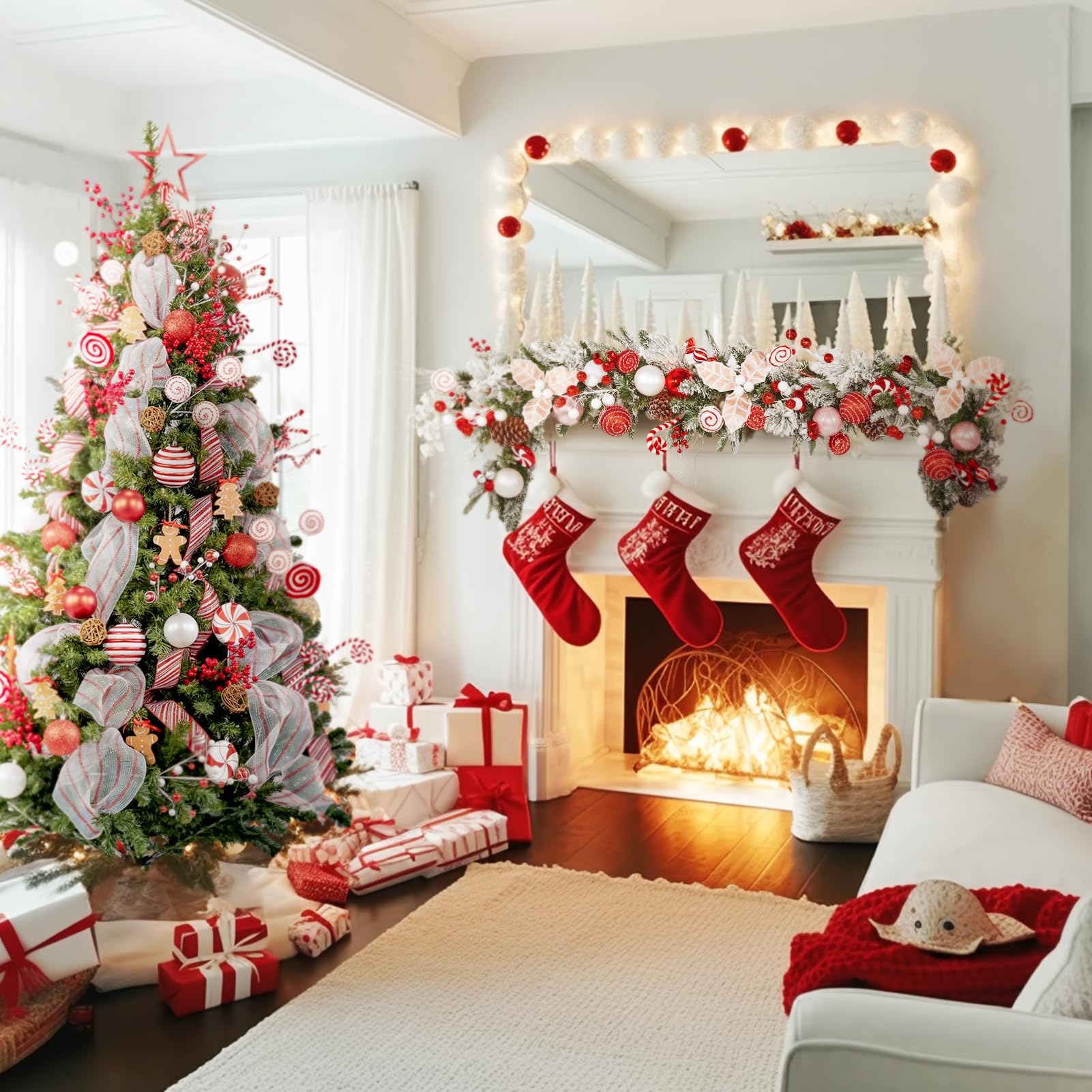 WBHome 7FT Pre-lit Artificial Christmas Tree with 400 Plug-in LED Lights and Ornaments Set Package, Peppermint & Gingerbread The