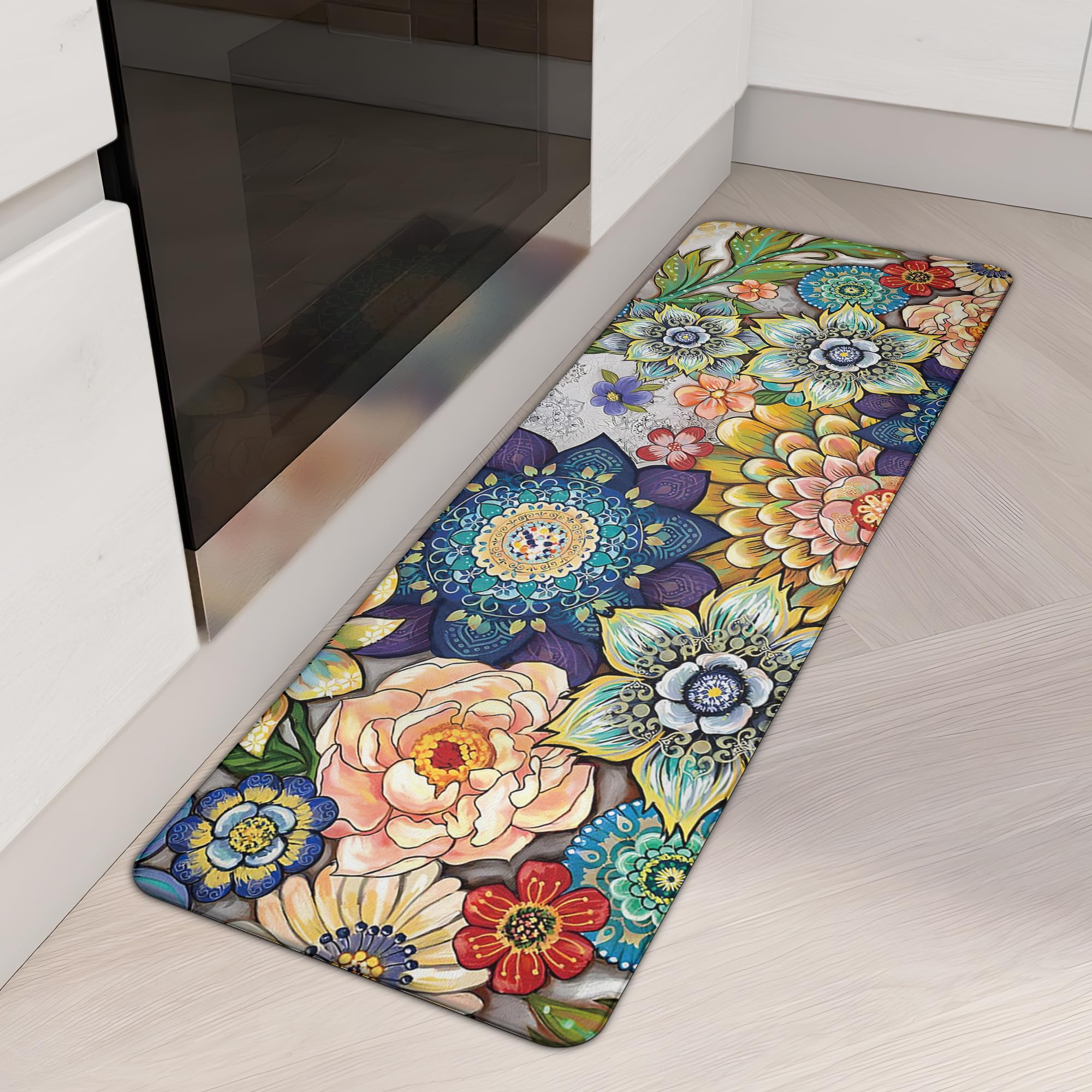 Tubeamin Floral Long Kitchen Runner Rug for Floor, Boho Cushioned Anti-Fatigue, Non-Slip Standing Desk, Waterproof Comfort Mat f