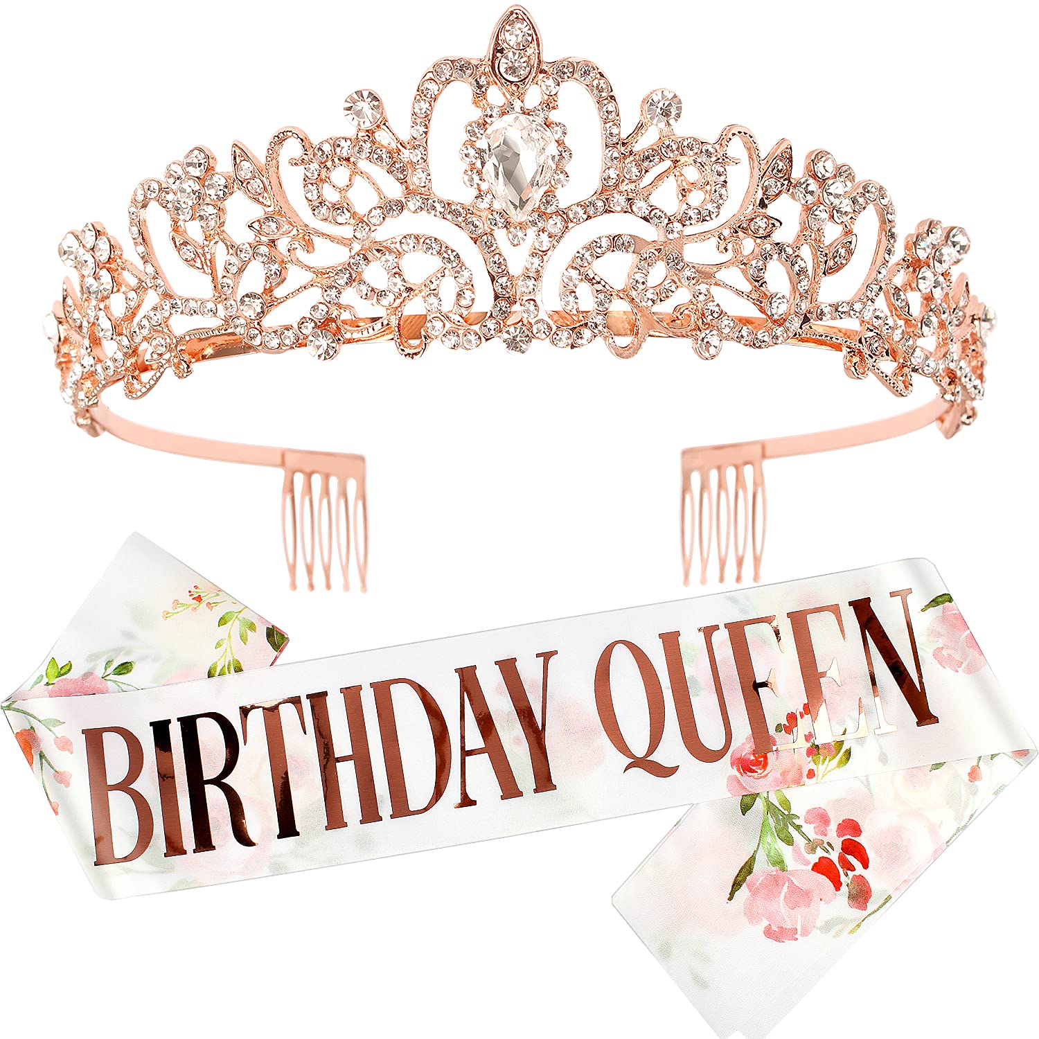 Rose Gold Birthday Tiara Crown For Women, Happy Birthday Flower Crown Sash, Birthday Decorations Party Favors Supplies Birthday