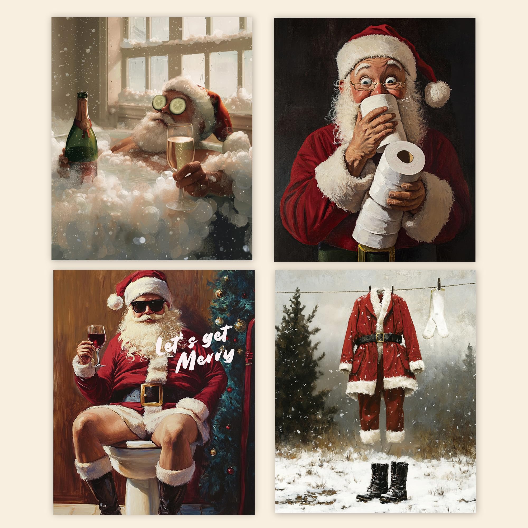 Poecinvi Funny Christmas Santa Bathroom Wall Art Prints Set Of 4, Winter Christmas Santa Posters Pictures Wall Decor For Shower 