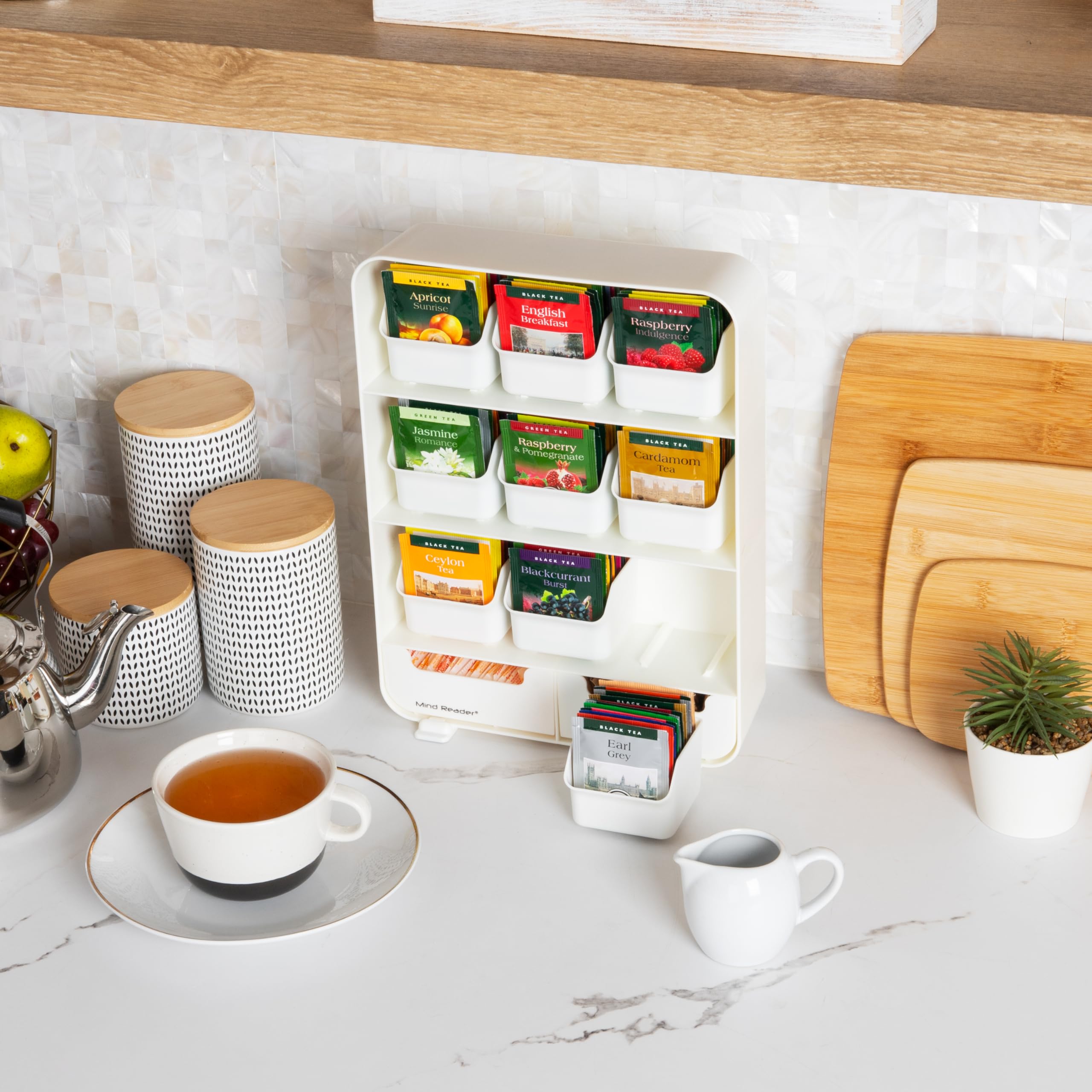 Mind Reader Tea Bag Organizer - Plastic Kitchen Storage, 10.25"L x 3.25"W x 13.75"H, White, Model TBORG-WHT