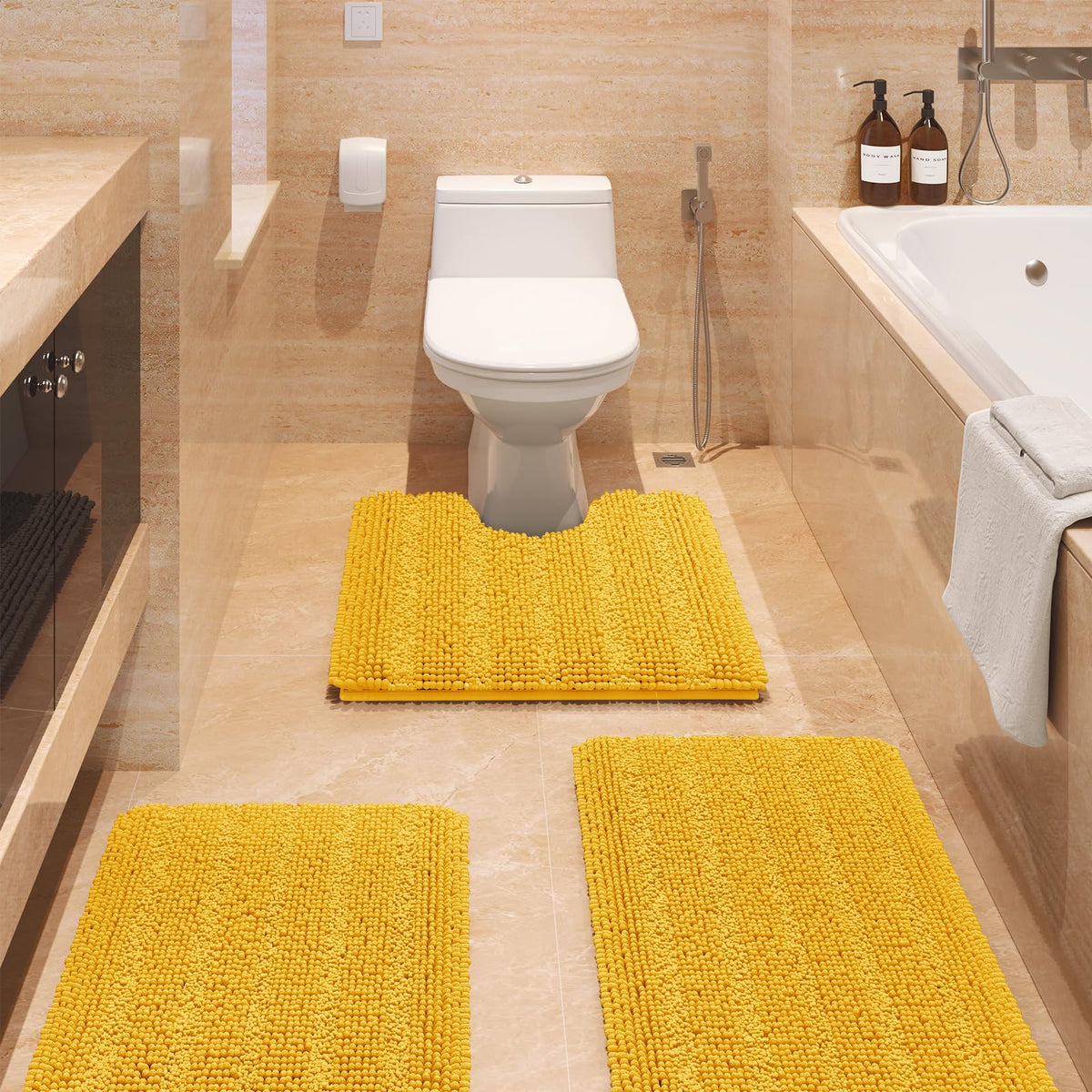 Accumtek Striped Yellow Bathroom Rug Set 3 Pieces Ultra Soft, Non Slip Chenille Toilet Mat, Absorbent Plush Shaggy Bath Mats For